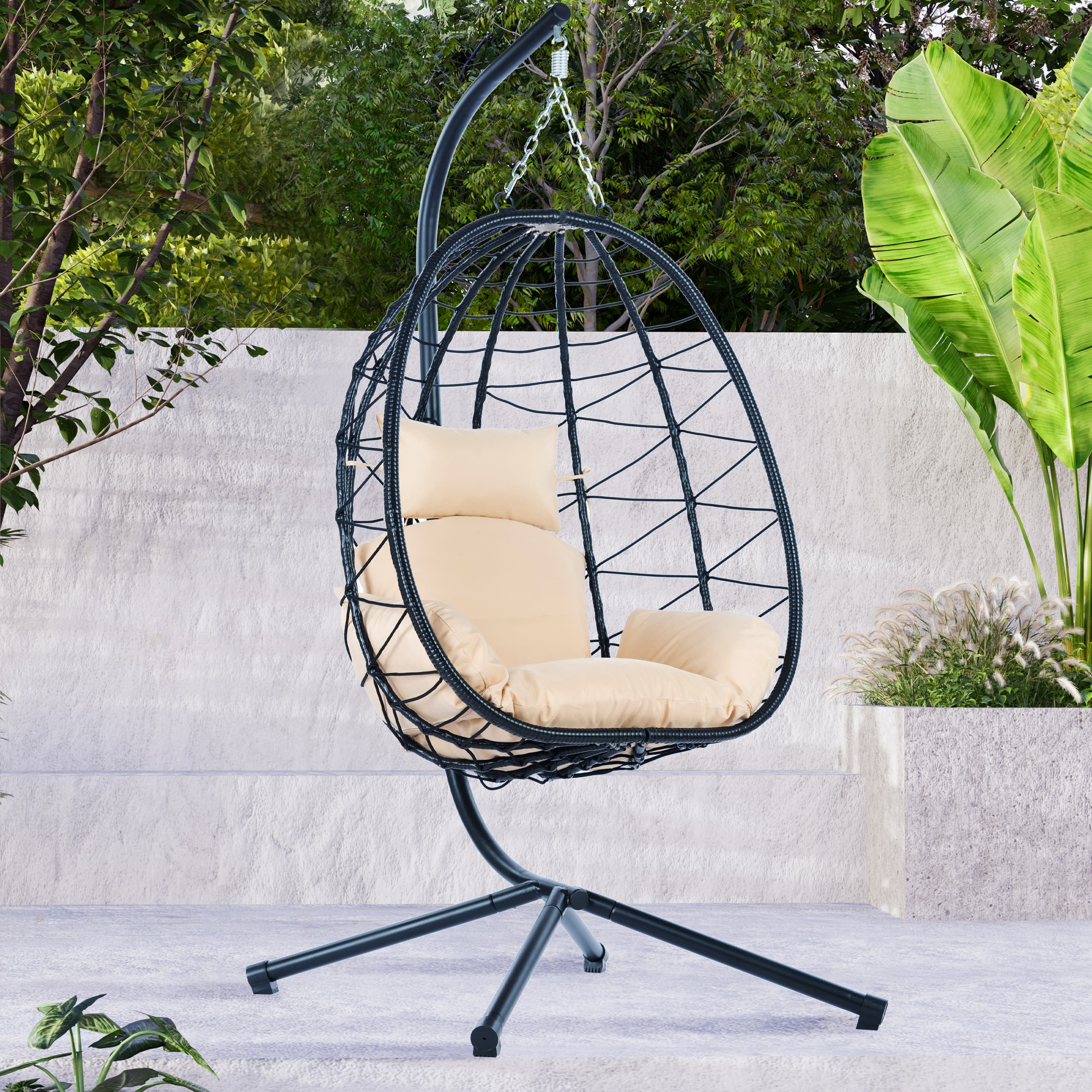 Tiramisubest - Egg Chair with Stand Indoor Outdoor Swing Chair Patio Wicker Hanging Egg Chair for Bedroom,Living Room,Balcony - Beige