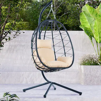 Front. Tiramisubest - Egg Chair with Stand Indoor Outdoor Swing Chair Patio Wicker Hanging Egg Chair for Bedroom,Living Room,Balcony - Beige.