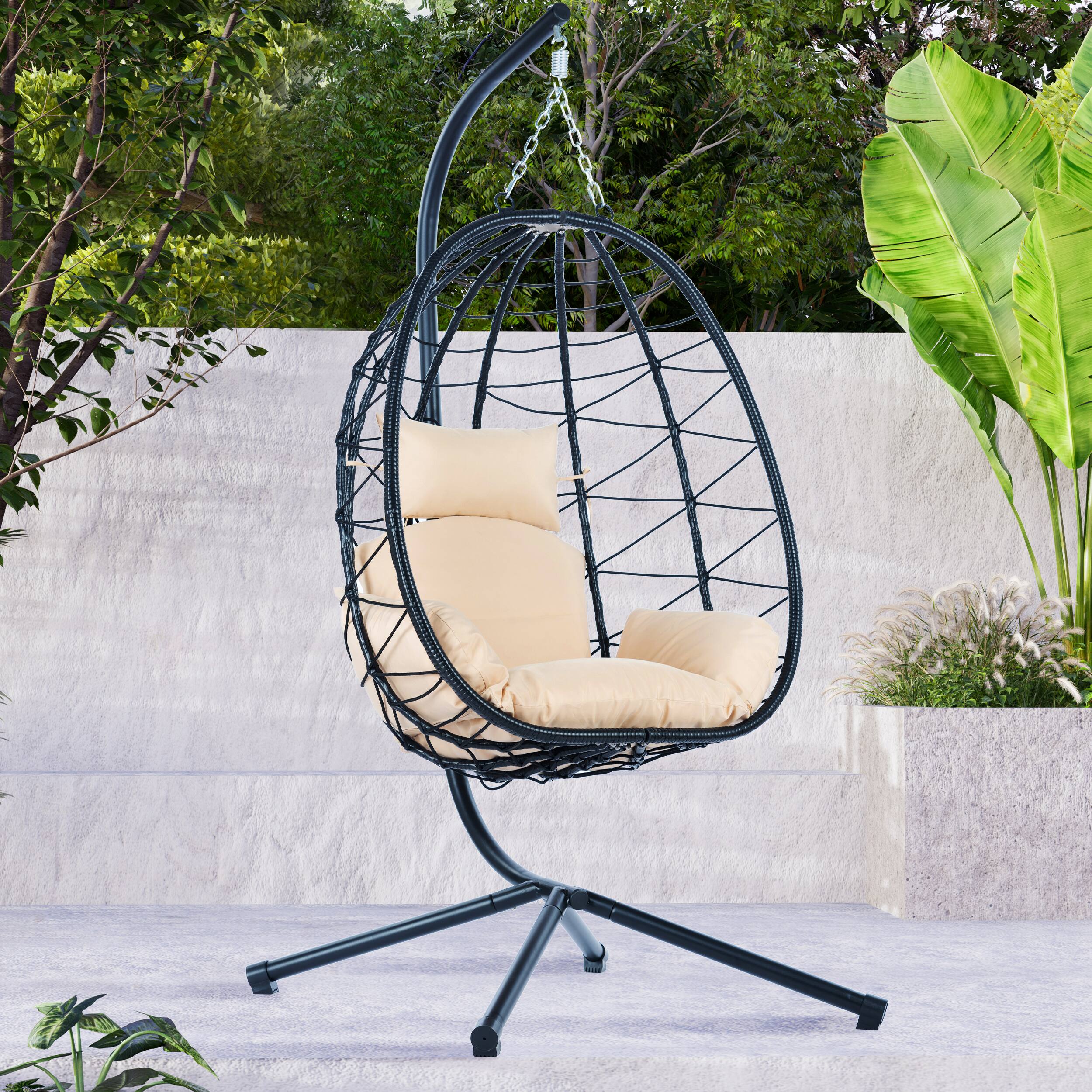 Tiramisubest - Egg Chair with Stand Indoor Outdoor Swing Chair Patio Wicker Hanging Egg Chair for Bedroom,Living Room,Balcony - Beige