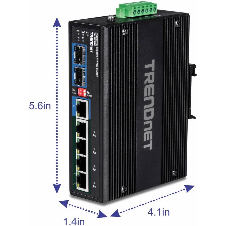 5.6in PMT PA2 9 ERA F6 5 TRENDNET THPG62 Industrial Gigabit 4PPoE Switch T5 10M F5 100M T5 P4 P3 P2 LNK SPC P1 TRENDNET 1.4in 4.1in