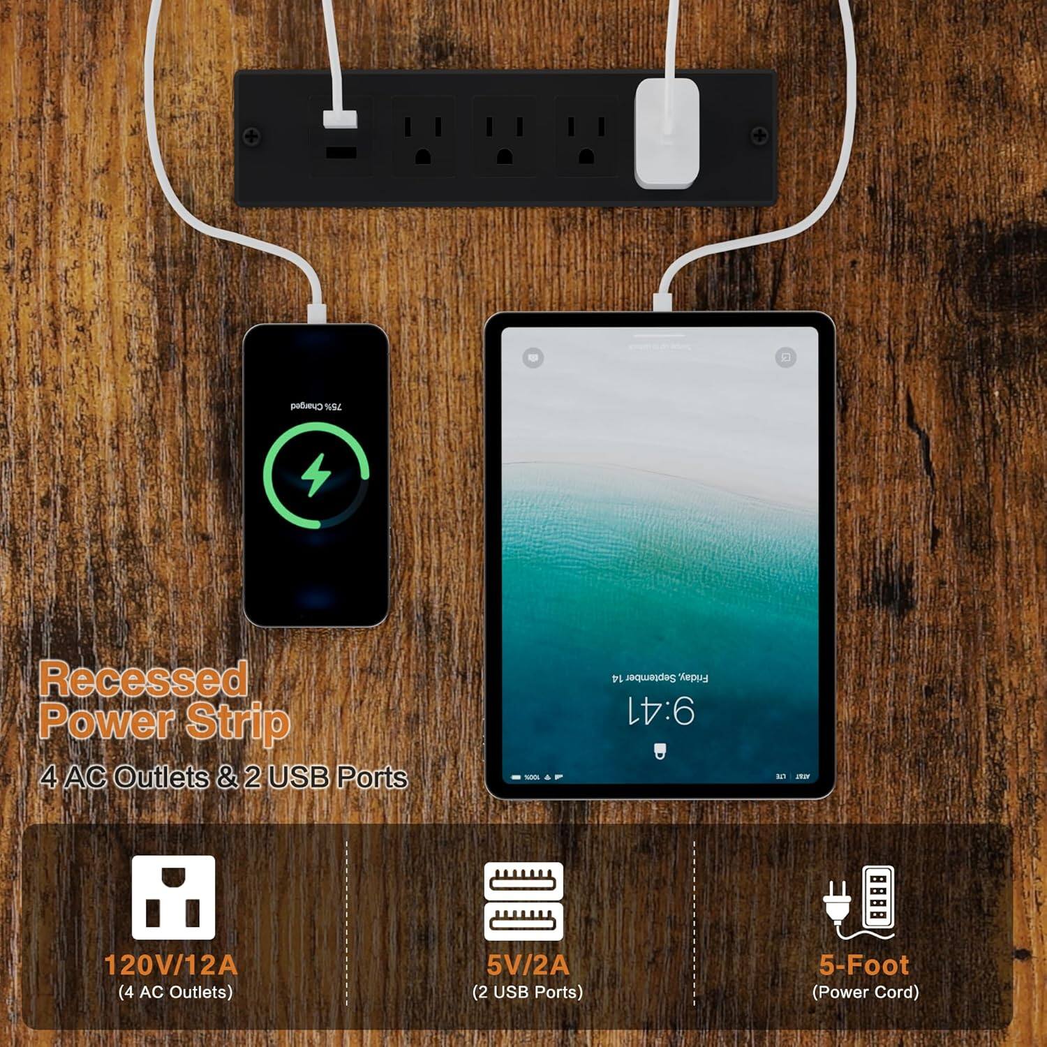 D Charged 75% Recessed Power Strip  
4 AC Outlets & 2 USB Ports  
- 120V/12A (4 AC Outlets)  
- 5V/2A (2 USB Ports)  
- 5-Foot (Power Cord)  

Recessed Power Strip  
4 AC Outlets & 2 USB Ports  

120V/12A (4 AC Outlets)  
5V/2A (2 USB Ports)  
5-Foot (Power Cord)