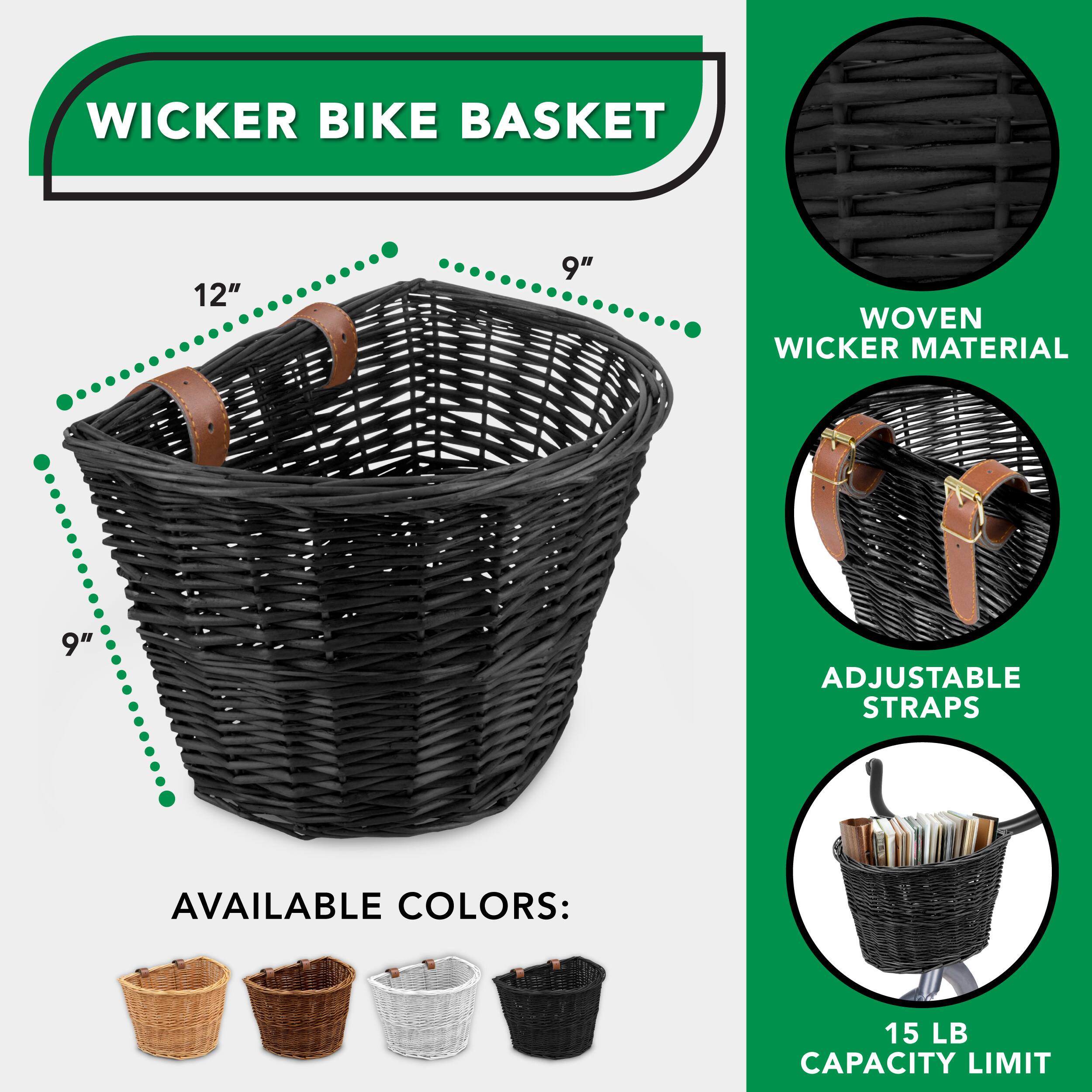 WICKER BIKE BASKET, 12" 9", WOVEN WICKER MATERIAL, ADJUSTABLE STRAPS, AVAILABLE COLORS: 15 LB CAPACITY LIMIT