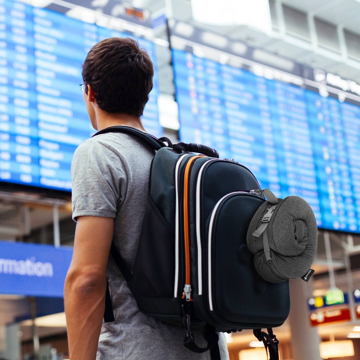 Left. Fosmon - Foldable Memory Foam Travel Pillow, Travel Neck Pillow For Plane with Washable Cover and Ear Plugs - Dark Gray/Black - Gray.