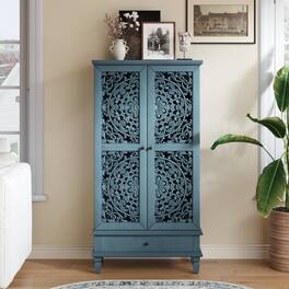 LUCKY ONE - 55in Freestanding Tall Storage Cabinet with Drawer Carved Doors Solid Wood Legs for Living Room Hallway - Antique Blue