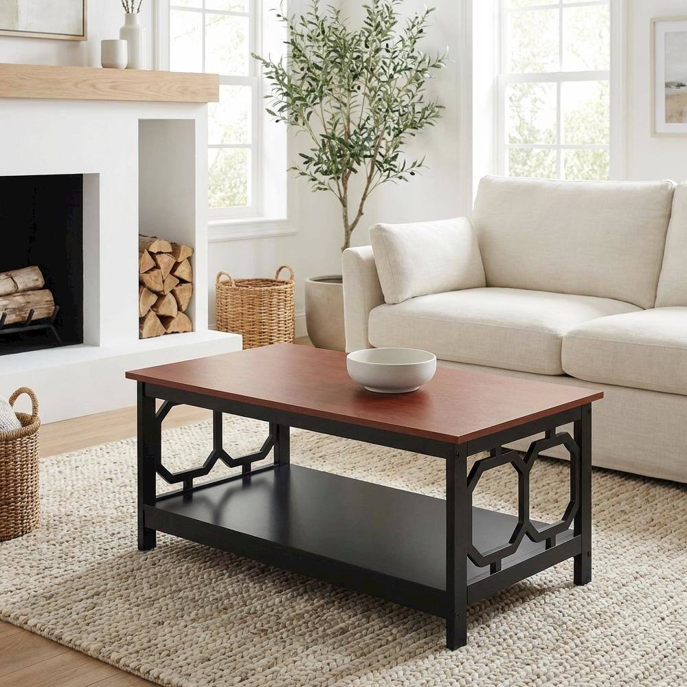 Back. FurniFact - Cherry Black Coffee Table with Shelf MDF Construction Contemporary Design - Cherry.