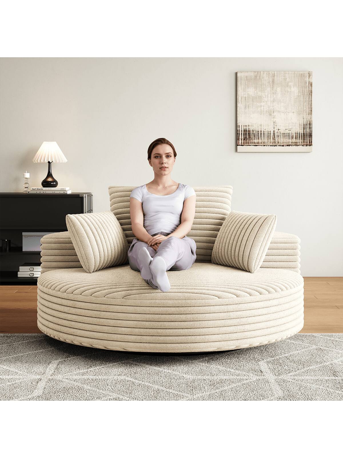 Angle. Trinkets Crazed - 55" L Oversized Swivel Chair, Upholstered Corduroy Comfy Accent Chaise Lounge Sofa Chair - Beige.