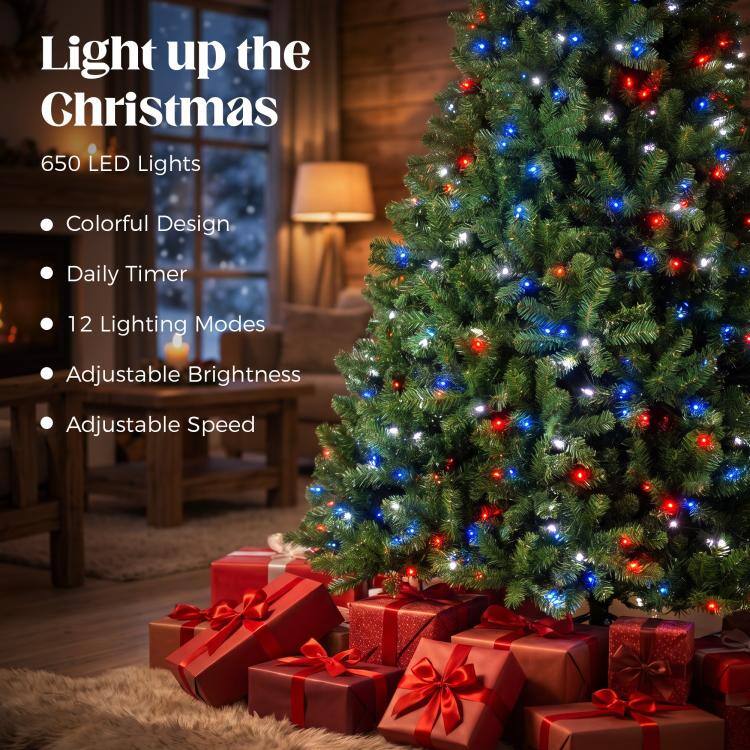 Light up the Christmas  
650 LED Lights  
- Colorful Design  
- Daily Timer  
- 12 Lighting Modes  
- Adjustable Brightness  
- Adjustable Speed