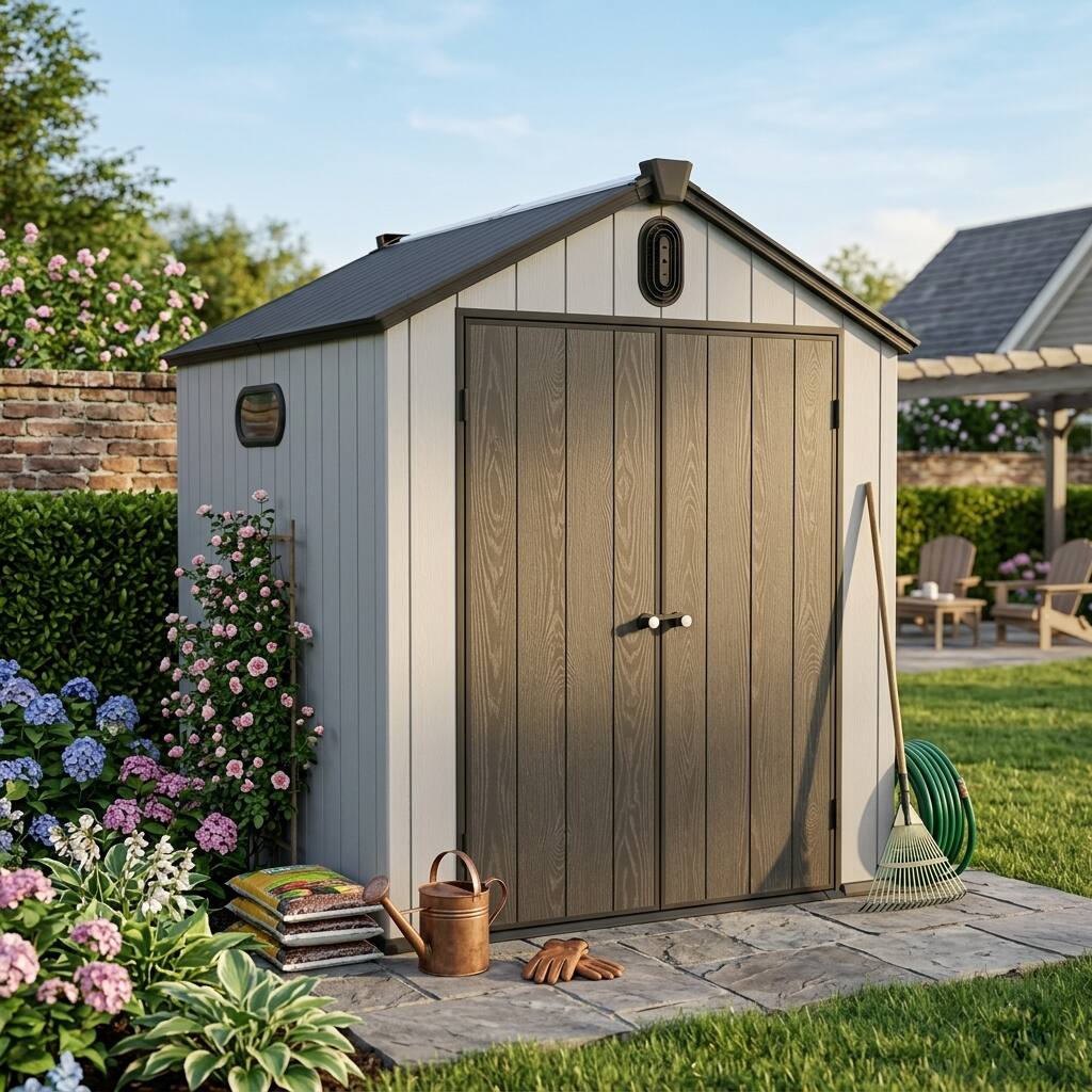 Angle. Loheer - Weather-Resistant 6.1 x 7.9 ft Resin Storage Shed for Backyard Garden Tool Organization - Black+Grey.