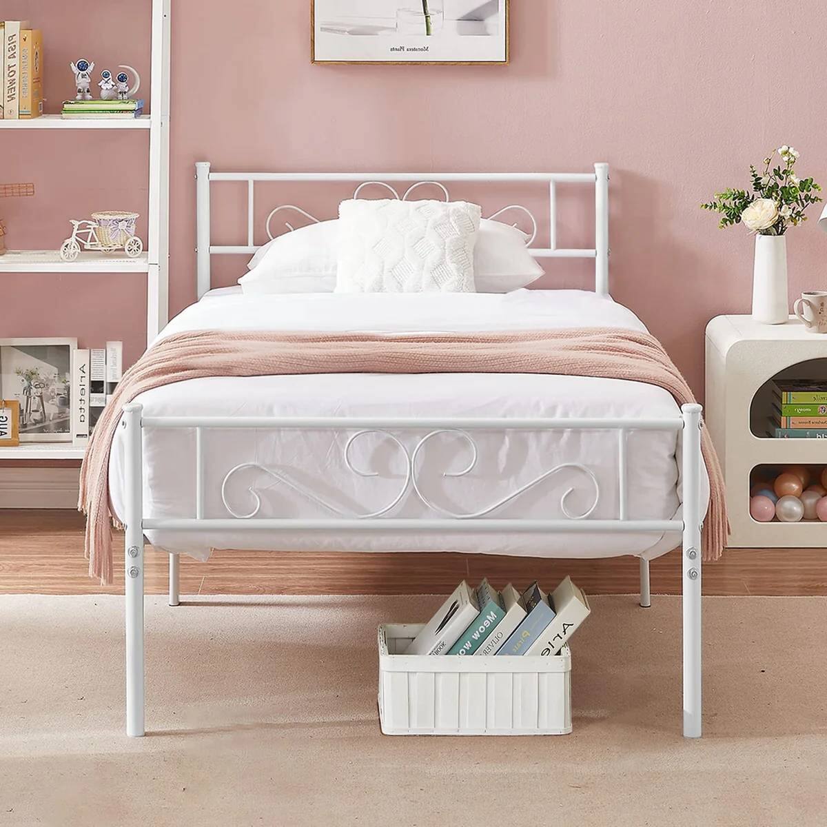 Hivvago - Twin size Metal Platform Bed Frame with Headboard and Footboard - White