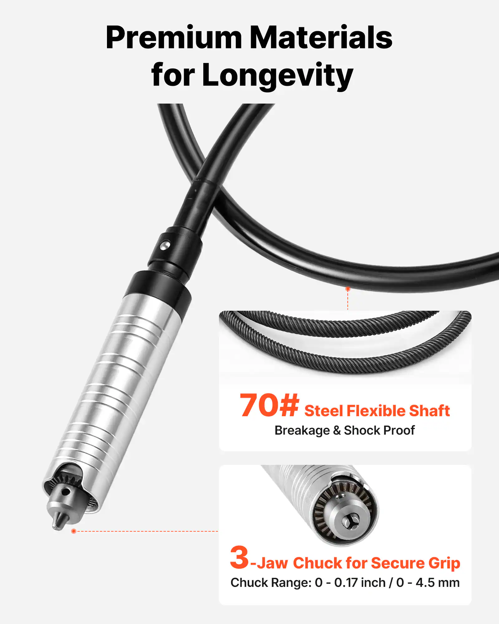 Premium Materials for Longevity

70# Steel Flexible Shaft Breakage & Shock Proof

3-Jaw Chuck for Secure Grip

Chuck Range: 0 - 0.17 inch / 0 - 4.5 mm