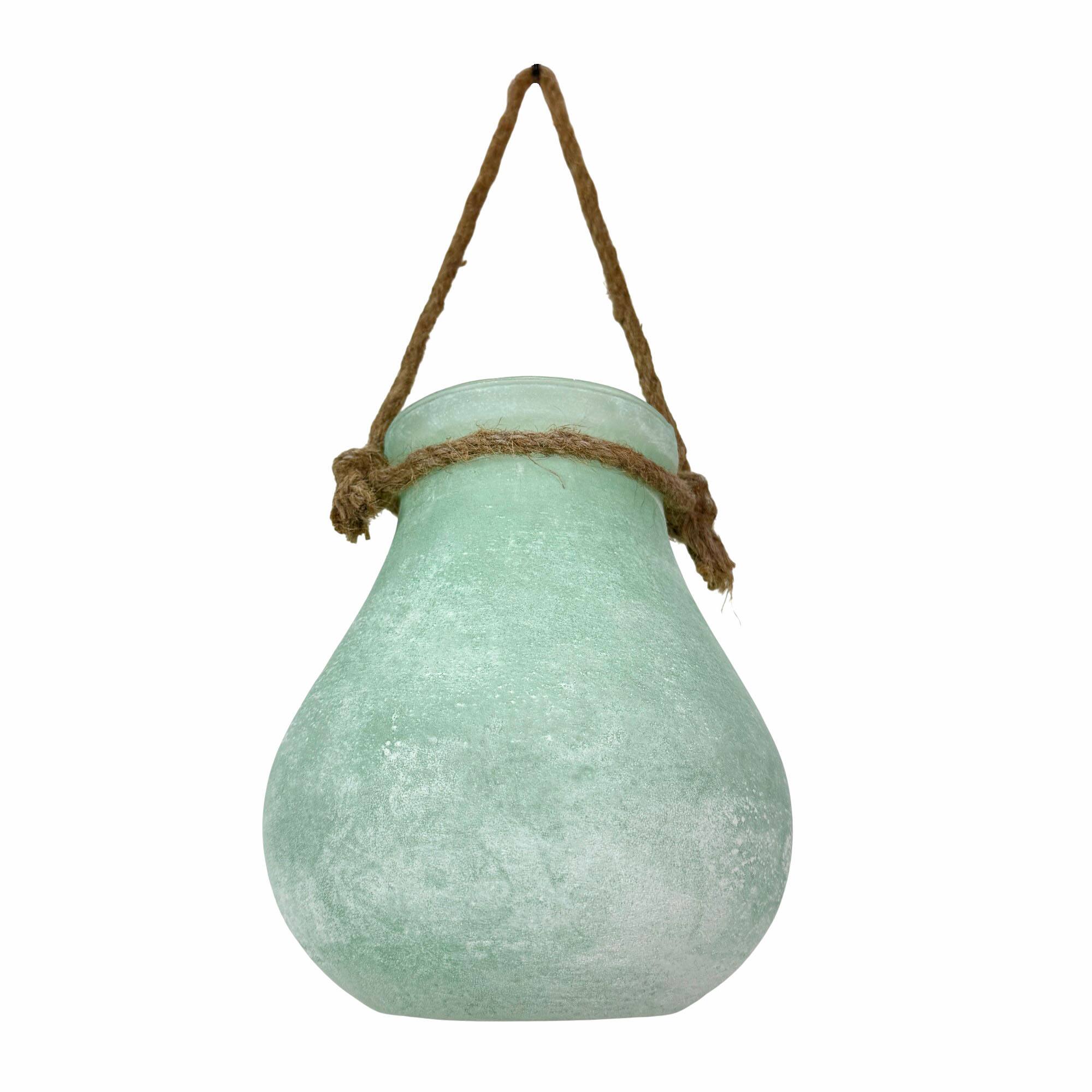 Alt View 2. India House Brass - Frosted Green Hanging Glass Lantern Vase with Rope Handle 15.75 In - Green.