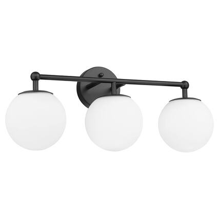 Front. Cedar Assembly - Bathroom Vanity Light Fixtures Modern Over Mirror With Milk Globe Glass Shade - Black 3-Light.