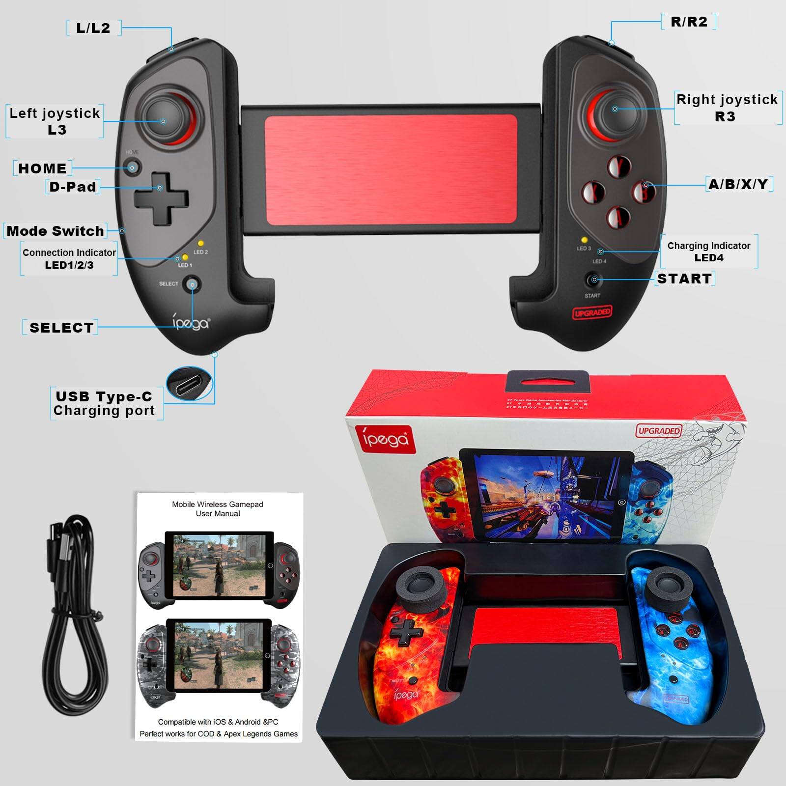 Sure, here is the corrected and grouped text from the image:

---

**ipega UPGRADED Mobile Wireless Gamepad User Manual**

- **L/L2**  
- **Left joystick**  
- **L3**  
- **HOME**  
- **D-Pad**  
- **Mode Switch**  
- **Connection Indicator**  
- **LED1/2/3**  
- **SELECT**  
- **L803**  
- **180-4**  
- **A/B/X/Y**  
- **Charging Indicator LED4**  
- **START**  
- **SAR SELECT**  
- **ipega UPGRADED USB Type-C Charging port**  
- **ipega UPGRADED**  
- **Compatible with iOS & Android & 8PC**  
- **Perfect works for COD & Apex Legends Games**  

---

**USB Type-C Charging port**

**Mobile Wireless Gamepad User Manual**

**Compatible with iOS & Android & 8PC**  
**Perfect works for COD & Apex Legends Games**