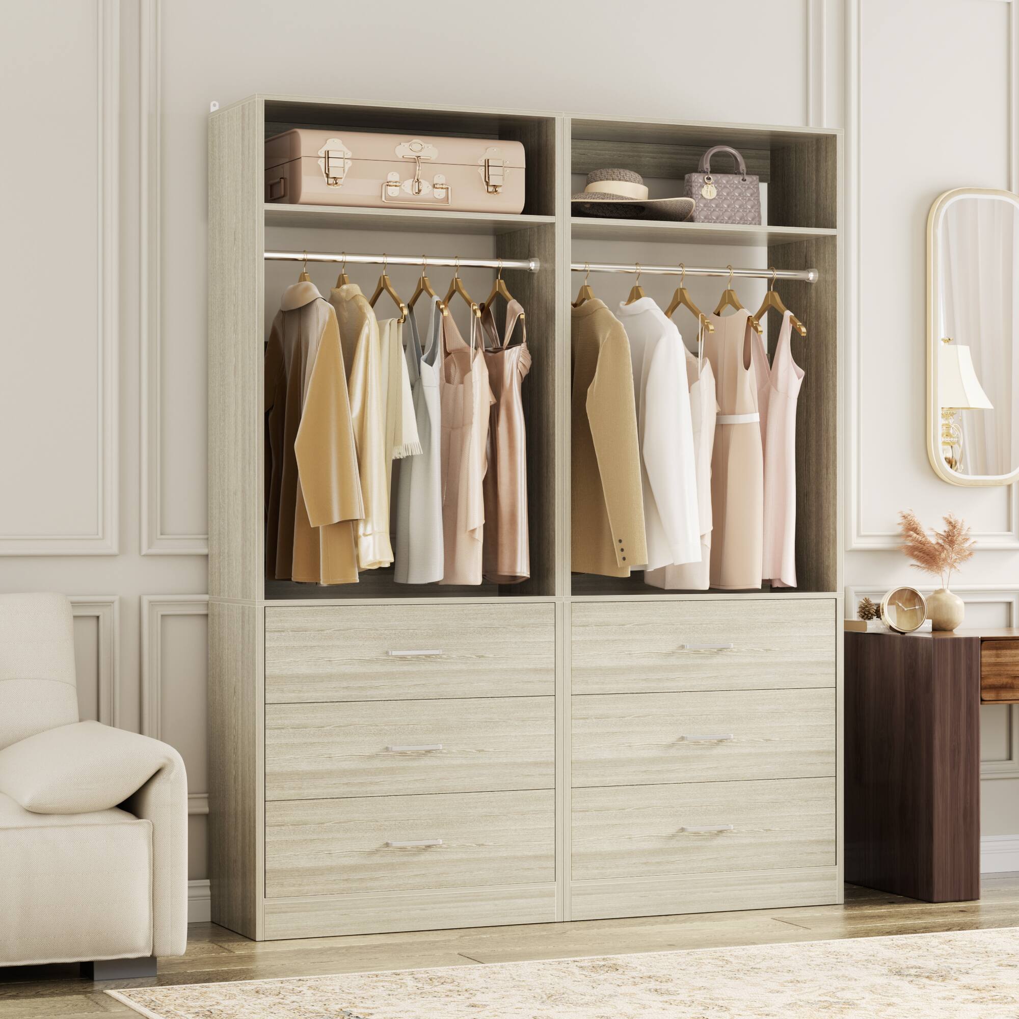 Angle. Aheaplus - 48" Set of 2 Closet Systems w/6 Wood Drawers, 2 Hanging Rods & 2 Shelves - Heavy Duty Walk-in Organizer - White Oak.