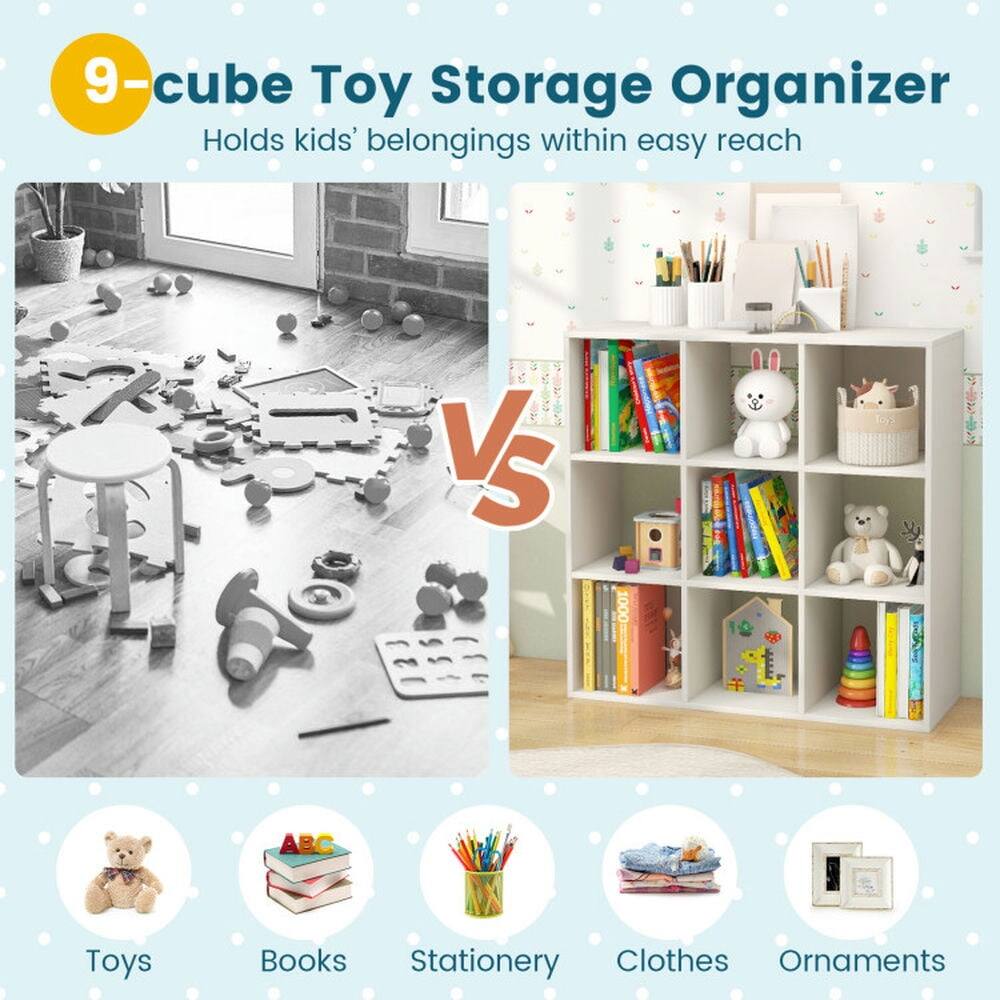 9-cube Toy Storage Organizer  
Holds kids' belongings within easy reach  

VS  

Toys  
Books  
Stationery  
Clothes  
Ornaments