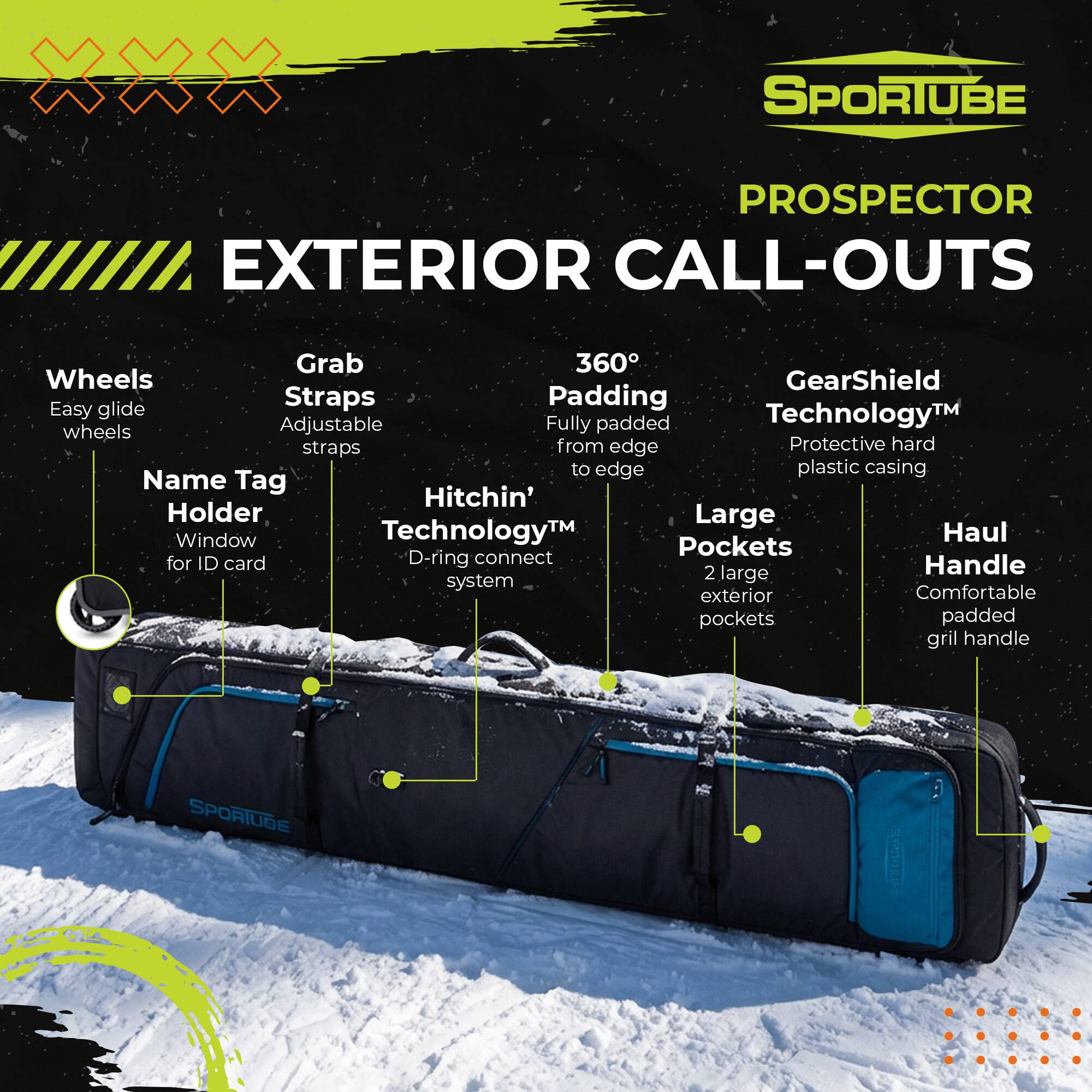 SPORTUBE PROSPECTOR EXTERIOR CALL-OUTS

- Wheels: Easy glide wheels
- Grab Straps: Adjustable straps
- 360° Padding: Fully padded from edge to edge
- GearShield Technology™: Protective hard plastic casing
- Name Tag Holder: Window for ID card
- Hitchin' Technology™: D-ring connect system
- Large Pockets: 2 large exterior pockets
- Haul Handle: Comfortable padded grill handle