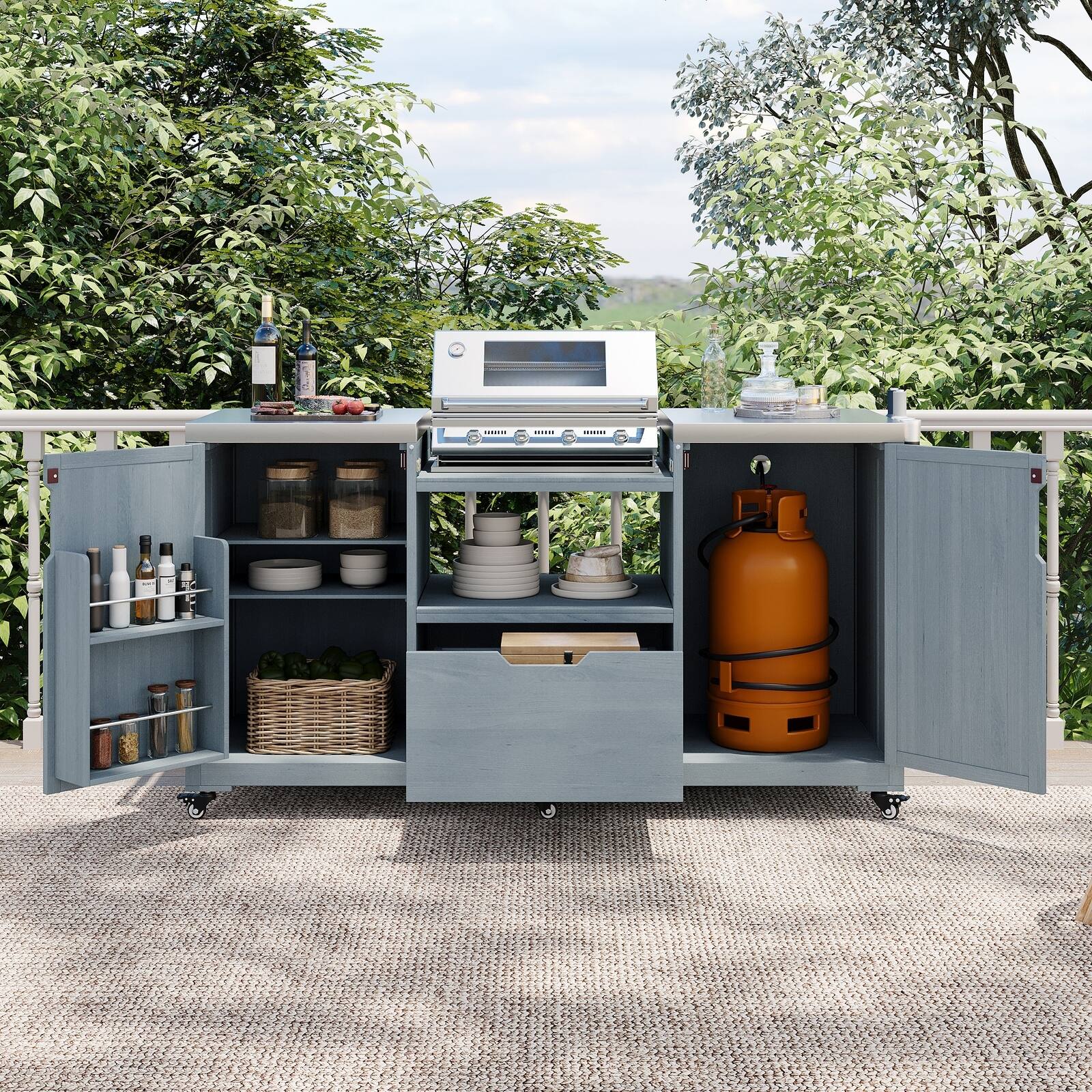 Alt View 1. Spaco - Spaco 67" Outdoor Kitchen Island Cart for Big Green Egg Grills, Teak Stainless Top, Drawer Storage, for Kitchen, Outdoor - Grey+Blue.