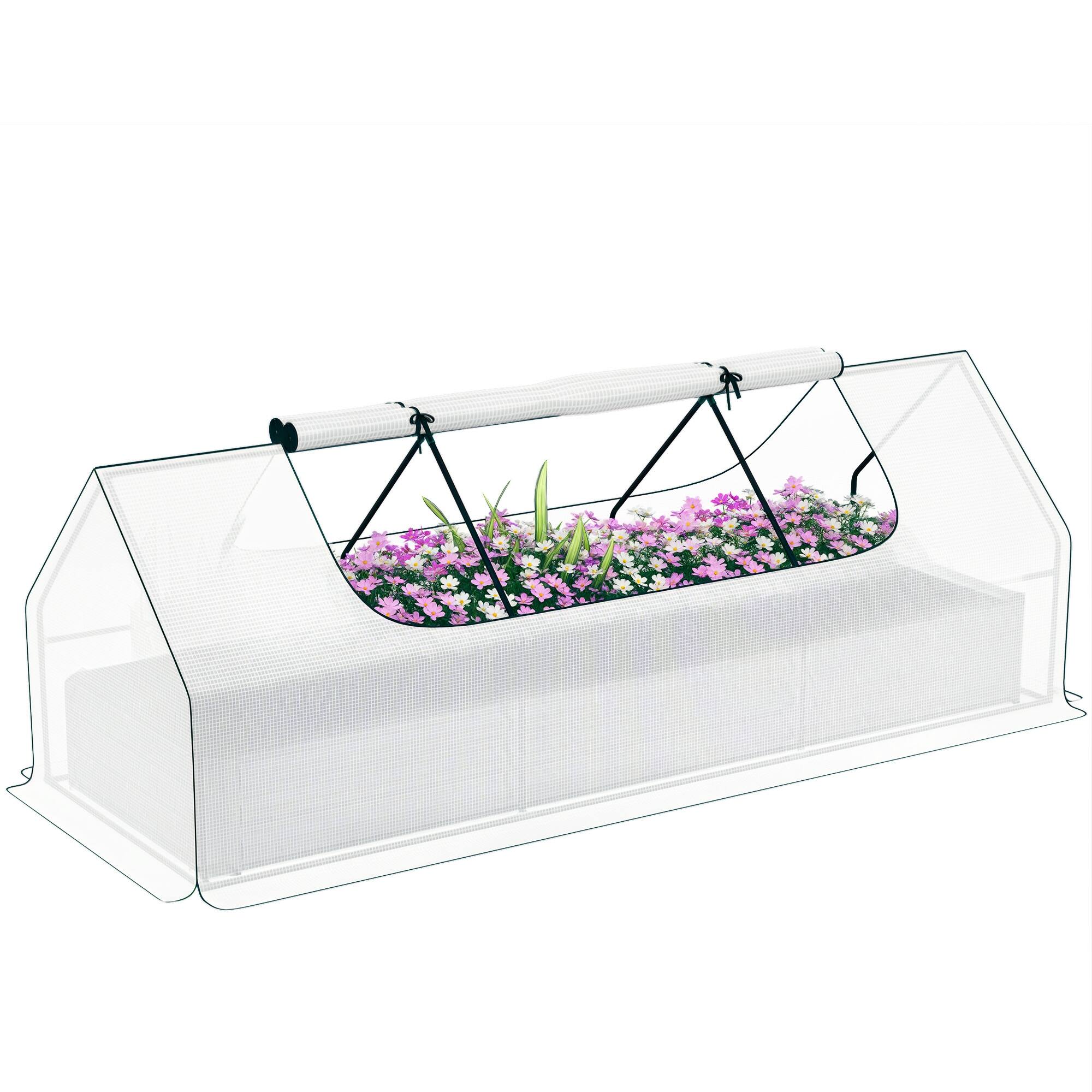 Front. Outsunny - 8.6 x 3 x 1ft Raised Garden Bed with Mini Greenhouse, Galvanized Raised Garden Bed with Cover for Herbs and Vegetables - White.