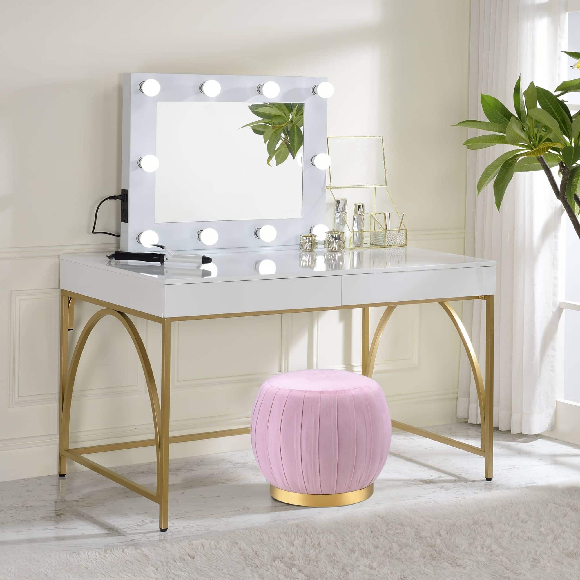 GOODSILO - Contemporary Writing Desk with Metal Legs and Dual Storage Drawers for Home Office - Gloss White+Gold