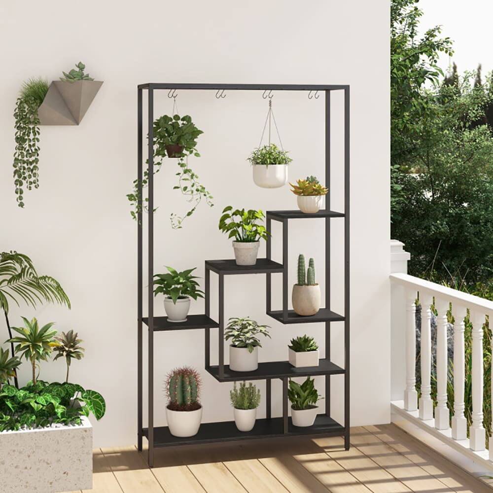 Alt View 2. Kadyn - 6-Tier Tall Plant Stand 71 Inch Metal Indoor Plant Shelf with 10 Hanging Hooks, Wood+Metal， Black.