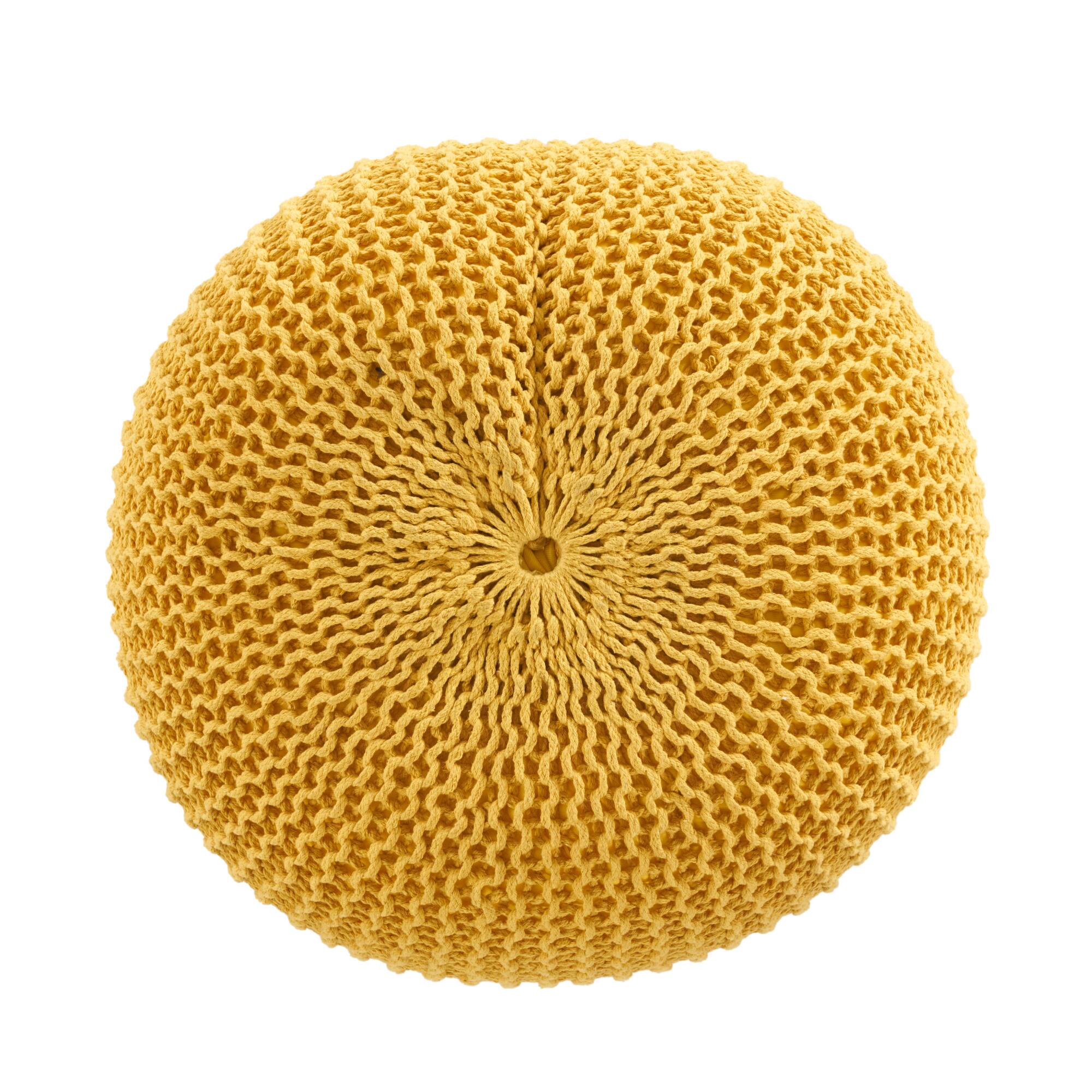 Left. GOODSILO - Round Knitted Cotton Pouf Ottoman Floor Cushion Stylish Home Decor Accent Piece - Yellow.