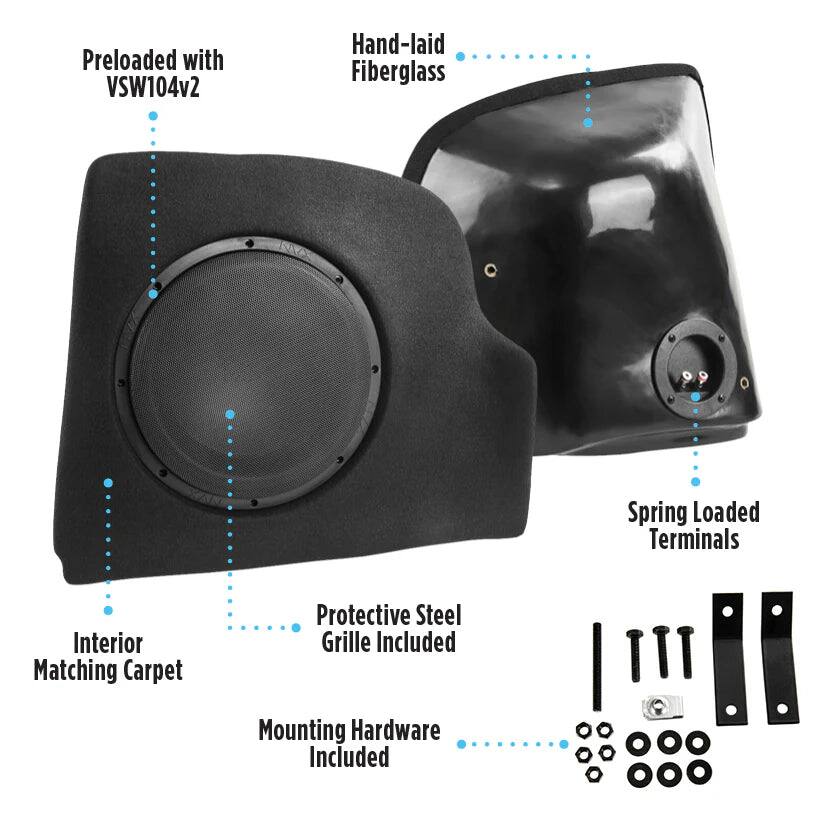Preloaded with VSW104v2  
Hand-laid Fiberglass  
Spring Loaded Terminals  
Interior Matching Carpet  
Protective Steel Grille Included  
Mounting Hardware Included