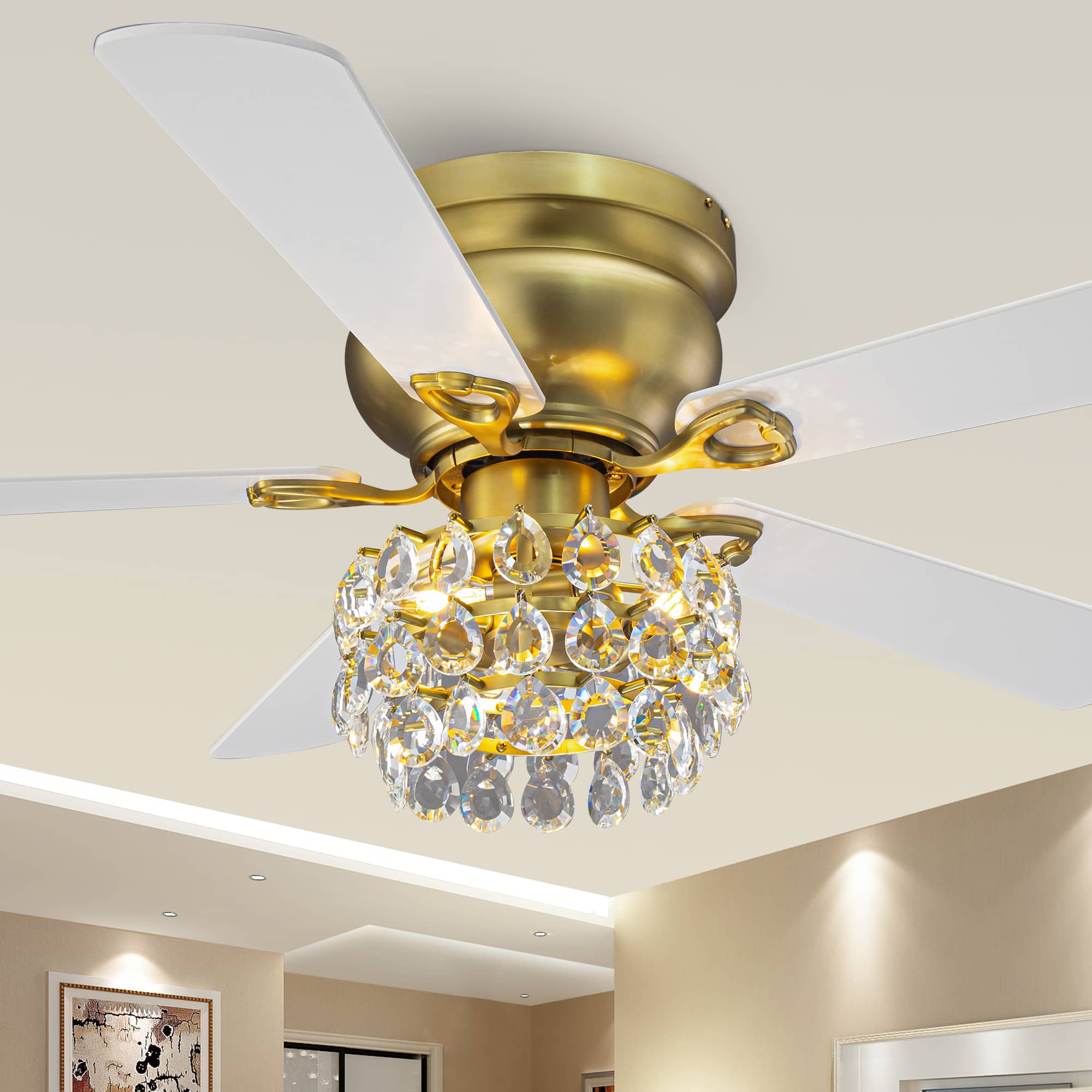 Parrot Uncle - 48" Modern Crystal Low Profile Ceiling Fan with Light Kit and Remote - Modern Brass