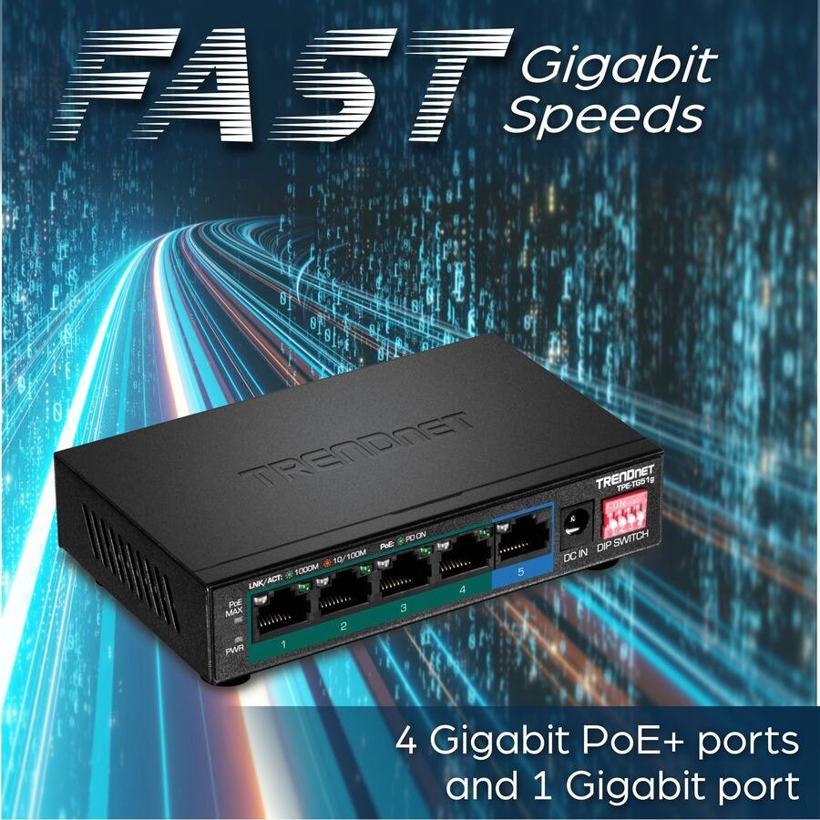 FAST Gigabit Speeds

4 Gigabit PoE+ ports and 1 Gigabit port