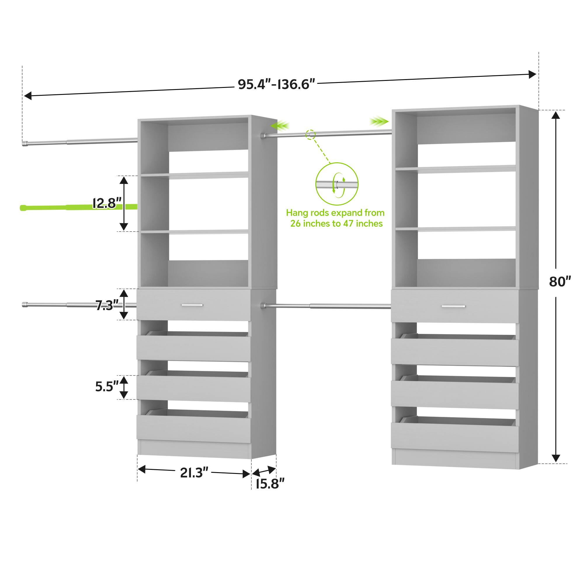 95.4"-136.6"  
12.8"  
Hang rods expand from 26 inches to 47 inches  
80"  
7.3"  
5.5"  
21.3"  
15.8"