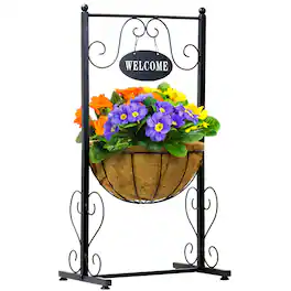 Sorbus - Welcome Planter Basket Stand with Coco Liner, Stylish Flower, Plant, and Outdoor Décor for Home, Garden - Black