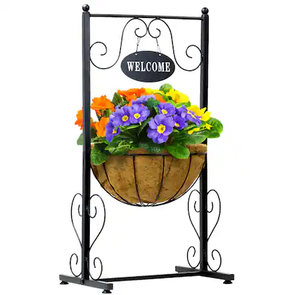 Front. Sorbus - Sorbus Welcome Planter Basket Stand with Coco Liner, Stylish Flower, Plant, and Outdoor Décor for Home, Garden - Black.