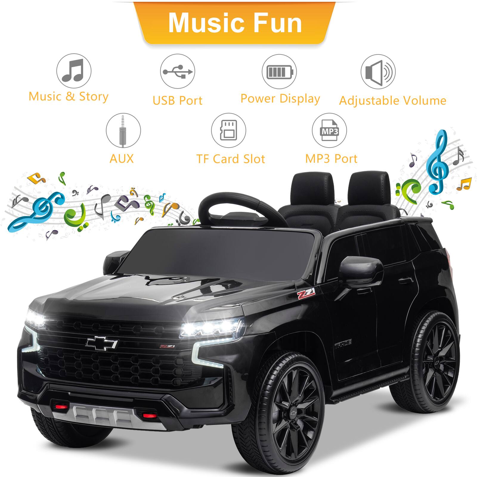 Music Fun

- Music & Story
- USB Port
- Power Display
- Adjustable Volume
- AUX
- TF Card Slot
- MP3 Port