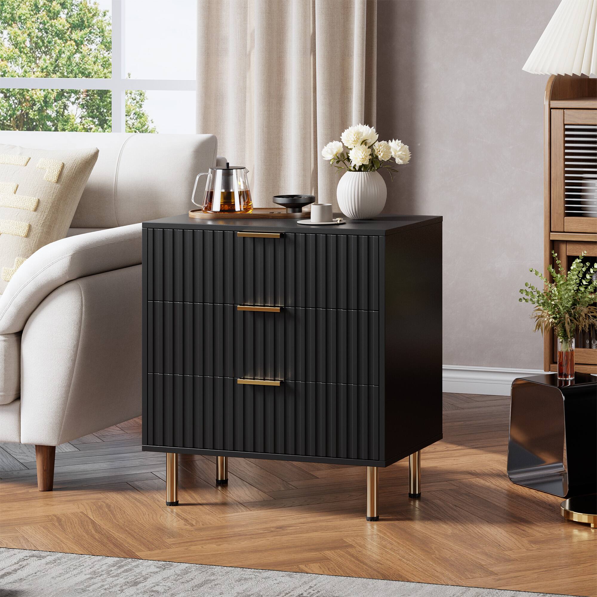 Alt View 4. Homhougo - Dresser for Bedroom, Fluted 3 Drawer Wood Dresser with Golden Handles - Black.