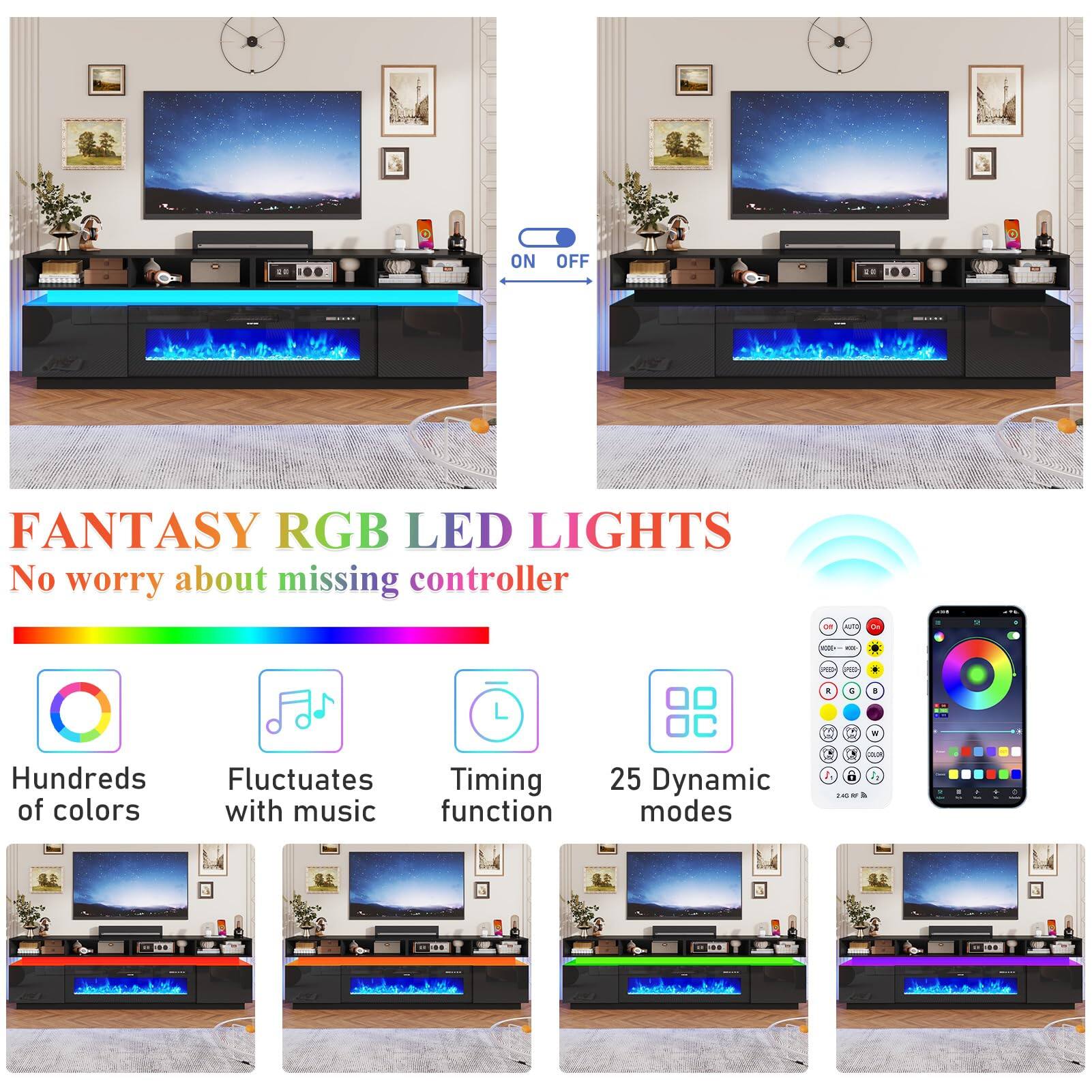 ON  
OFF  
FANTASY RGB LED LIGHTS  
No worry about missing controller  

- Hundreds of colors  
- Fluctuates with music  
- Timing function  
- 25 Dynamic modes  

240 W