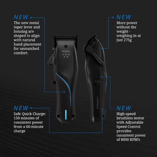 NEW  
The new metal taper lever and housing are shaped to align with natural hand placement for unmatched comfort.  

NEW  
More power without the weight - weighing in at just 275g  

NEW  
Safe Quick Charge: 150 minutes of consistent power from a 60-minute charge  

NEW  
High-speed brushless motor with Adjustable Speed Control provides consistent power of 8000 RPM's