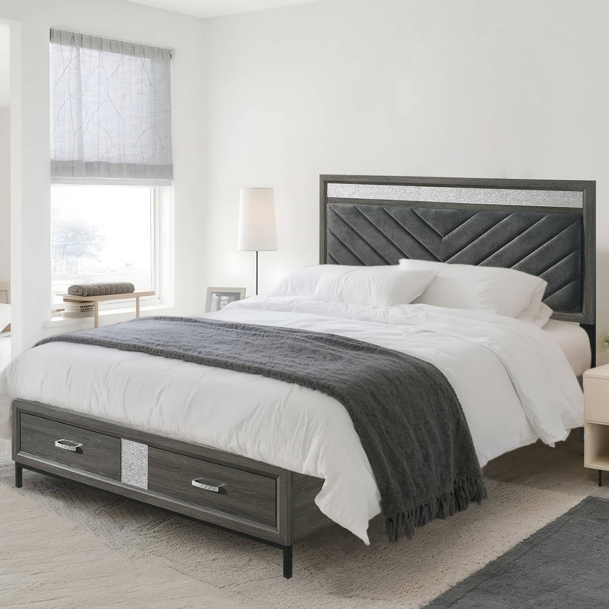 Vaczon - Eastern King Bed Frame with Storage Drawers, Modern Upholstered Headboard, Stylish and Space-Saving Design for Bedrooms - Gray
