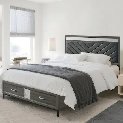 Front. Vaczon - Eastern King Bed Frame with Storage Drawers, Modern Upholstered Headboard, Stylish and Space-Saving Design for Bedrooms - Gray.