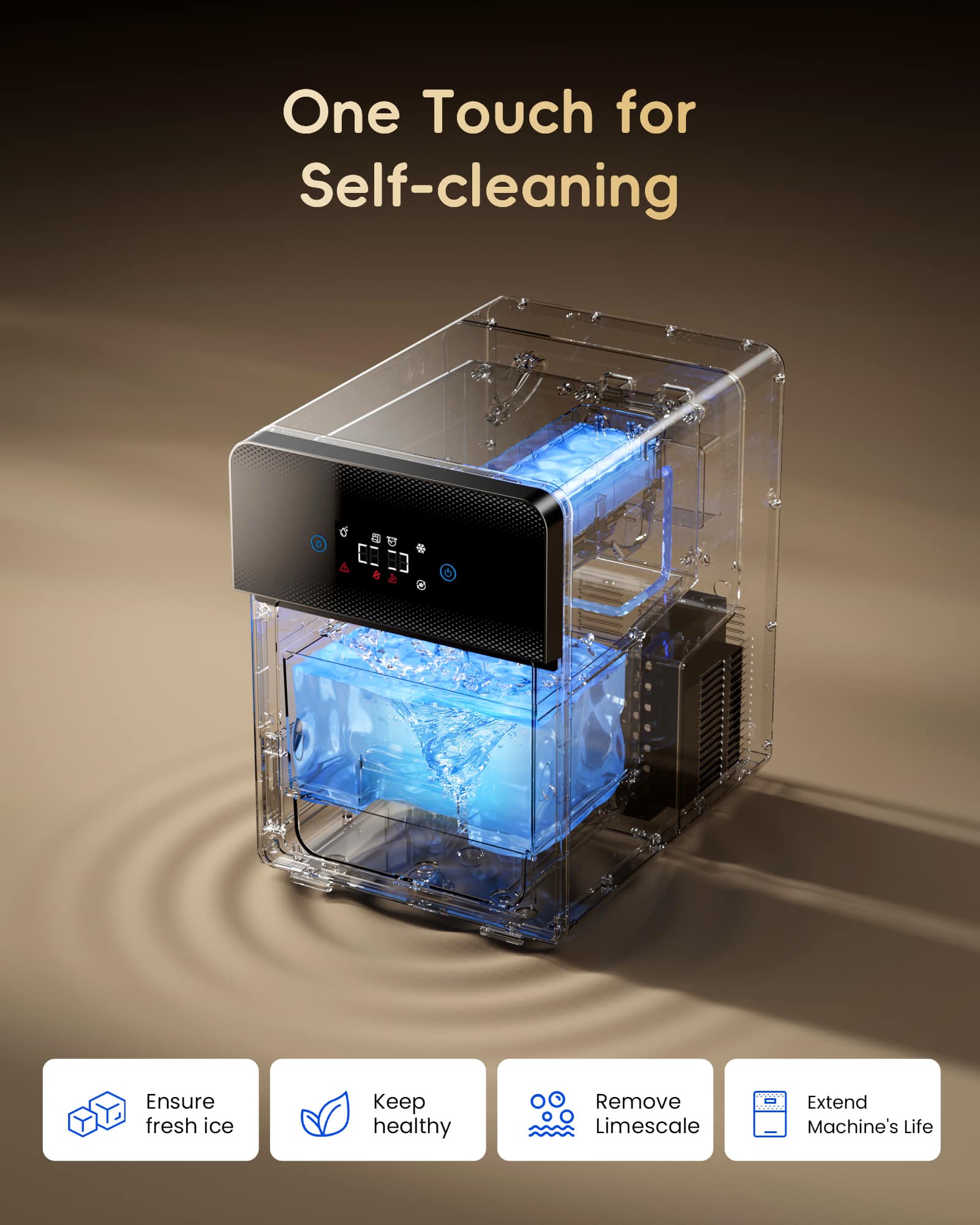 The text on the image reads: "One Touch for Self-cleaning. Ensure fresh ice. Keep healthy. Remove Limescale. Extend Machine's Life."