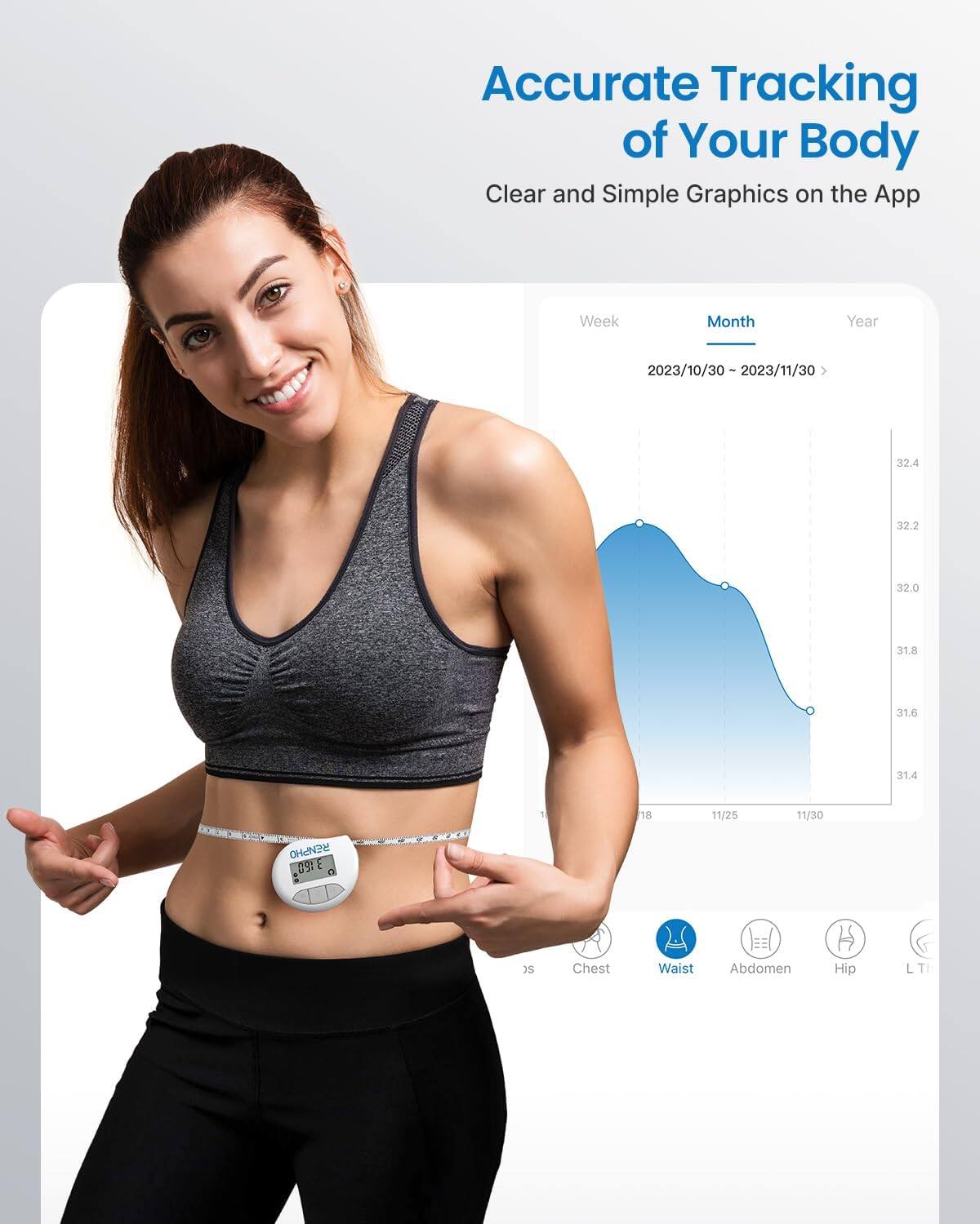 Renpho Smart Body Measuring Tape, Bluetooth App, 60in, for Weight Loss ...