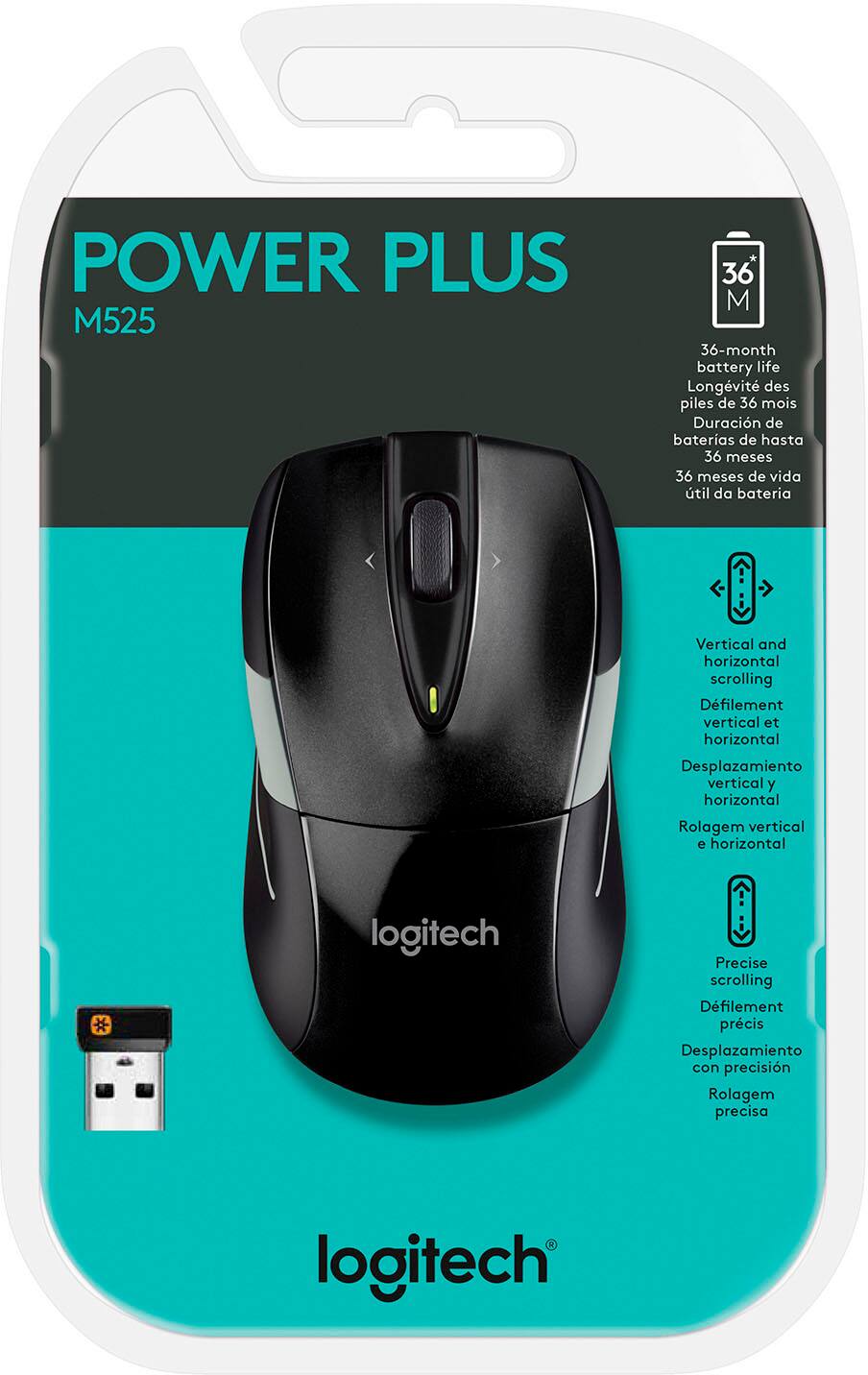 The text on the image reads: "Power Plus M525 36 M 36-month battery life Longvit des piles de 36 mois Duracin de baterias de hasta 36 meses 36 meses de vida til da bateria Vertical and horizontal scrolling Dfilement vertical et horizontal Desplazamiento vertical y horizontal Rolagem vertical e horizontal logitech Precise scrolling Dfilement prcis Desplazamento con precisin Rolagem precisa logitech."
Corrected text: "Power Plus M525 36-Month Battery Life 36 meses de bateria Longvit des piles de 36 mois Duracin de baterias de hasta 36 meses 36 meses de vida til da bateria Vertical and horizontal scrolling Dfilement vertical et horizontal Desplazamiento vertical y horizontal Rolagem vertical e horizontal logitech Precise scrolling Dfilement prcis Desplazamento con precisin Rolagem precisa logitech."