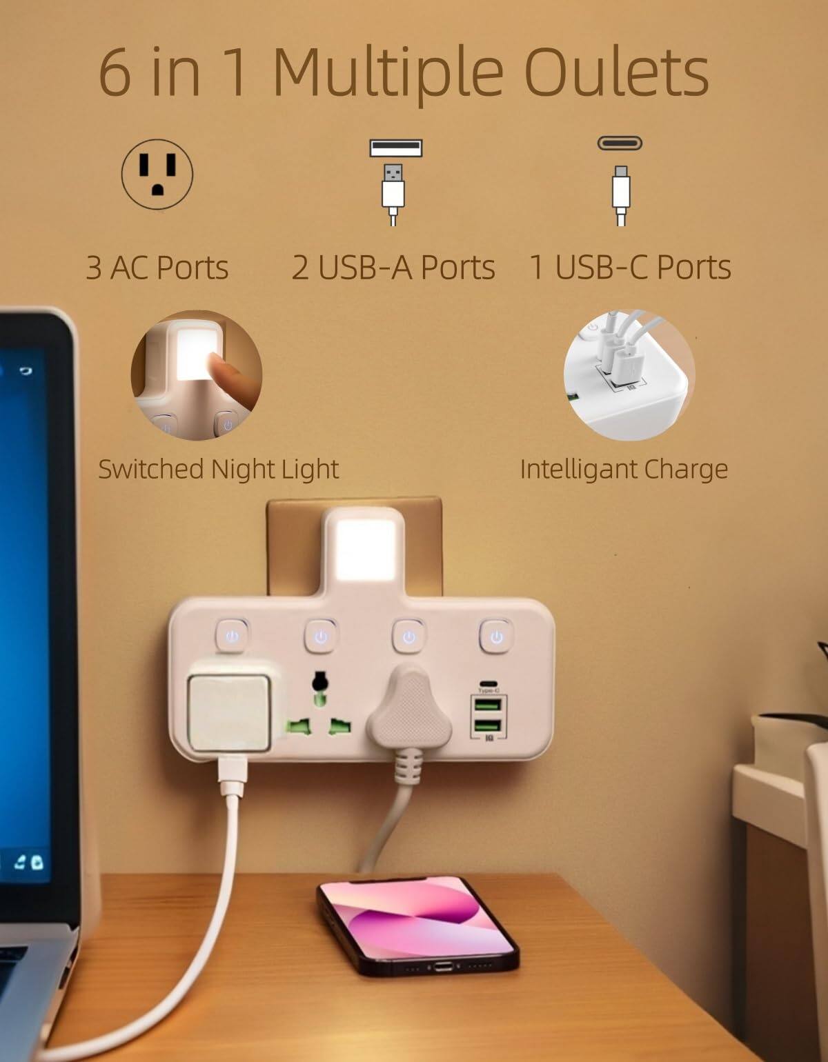 6 in 1 Multiple Outlets  
3 AC Ports  
2 USB-A Ports  
1 USB-C Port  
Switched Night Light  
Intelligent Charge