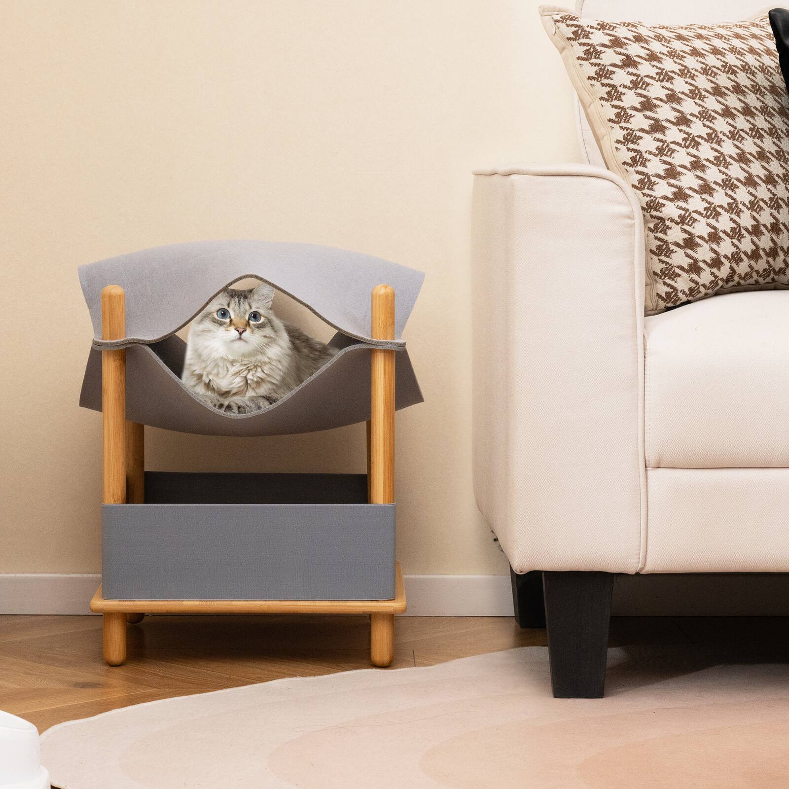 Alt View 1. Gymax - Gymax 2-Tier Elevated Cat Bed Cat Tower w/ Dual-Layer Felt Fabric Top Condo Hammock - Natural, Gray.