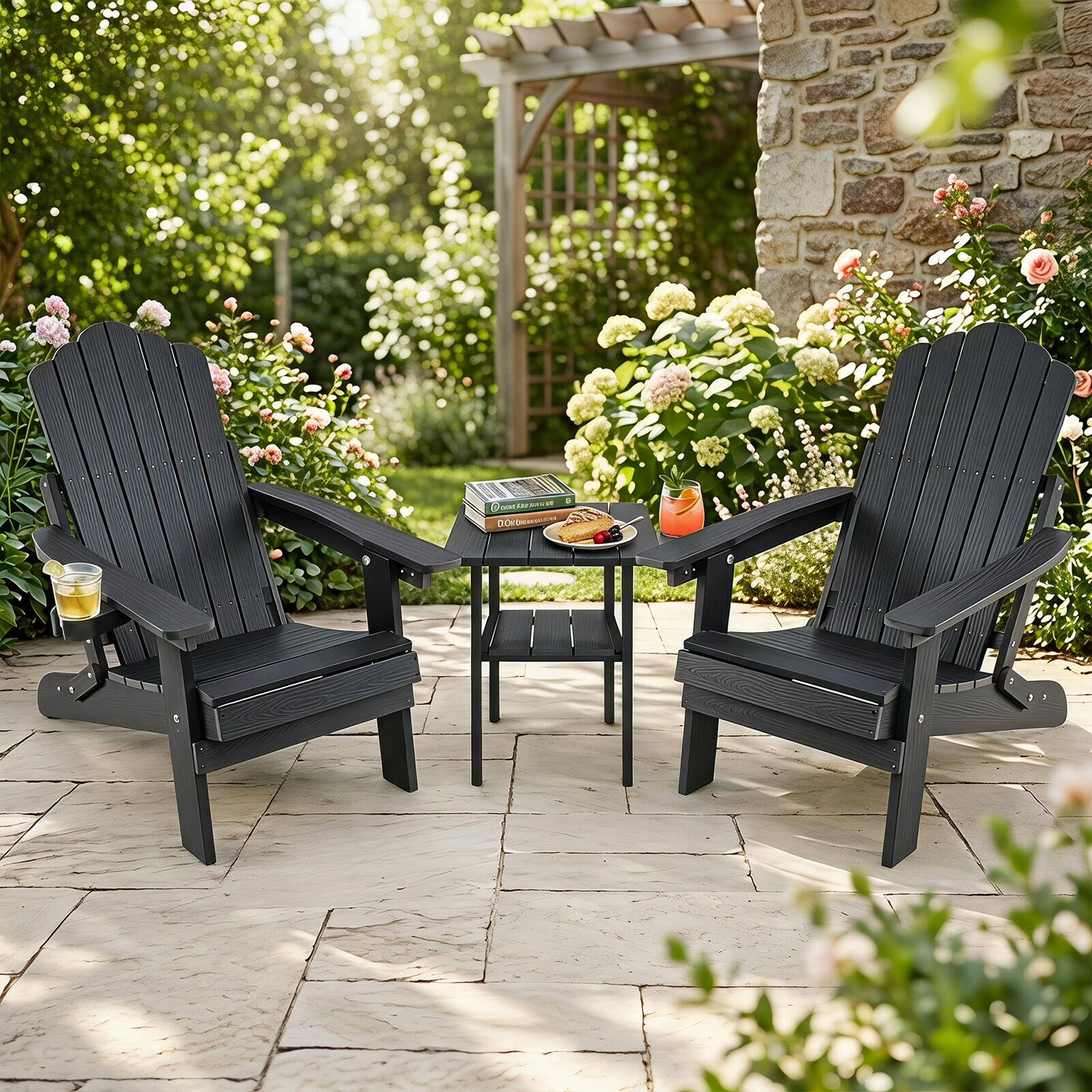 Alt View 4. Gymax - Gymax 4PCS Folding Adirondack Chair w/ 5-Level Backrest Wooden Textured for Lawn Black - Black.