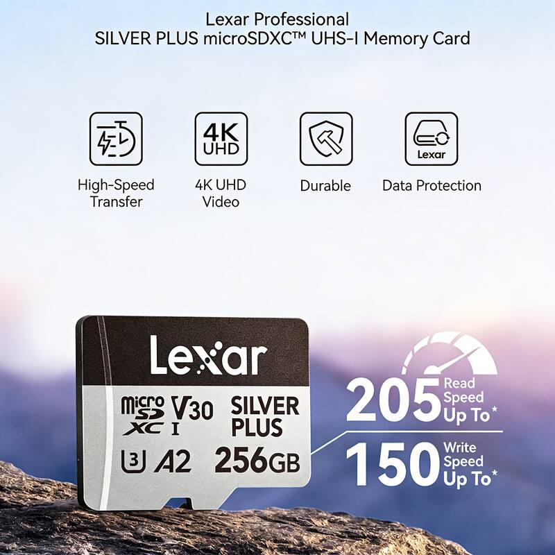 Lexar Professional SILVER PLUS microSDXC™ UHS-I Memory Card

- High-Speed Transfer
- 4K UHD Video
- Durable
- Data Protection

- Read Speed Up To* 205 MB/s
- Write Speed Up To* 150 MB/s

- V30
- A2
- 256GB