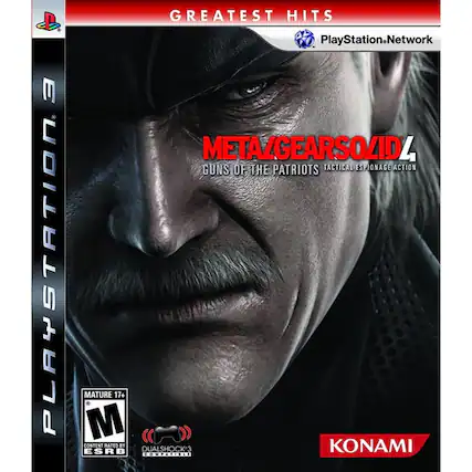 GREATEST HITS
PlayStation Network
METAL GEAR SOLID 4
GUNS OF THE PATRIOTS
TACTICAL ESPIONAGE ACTION
MATURE 17+
CONTENT RATED BY ESRB
DUALSHOCK 3 COMPATIBLE
KONAMI - M (Mature 17+)