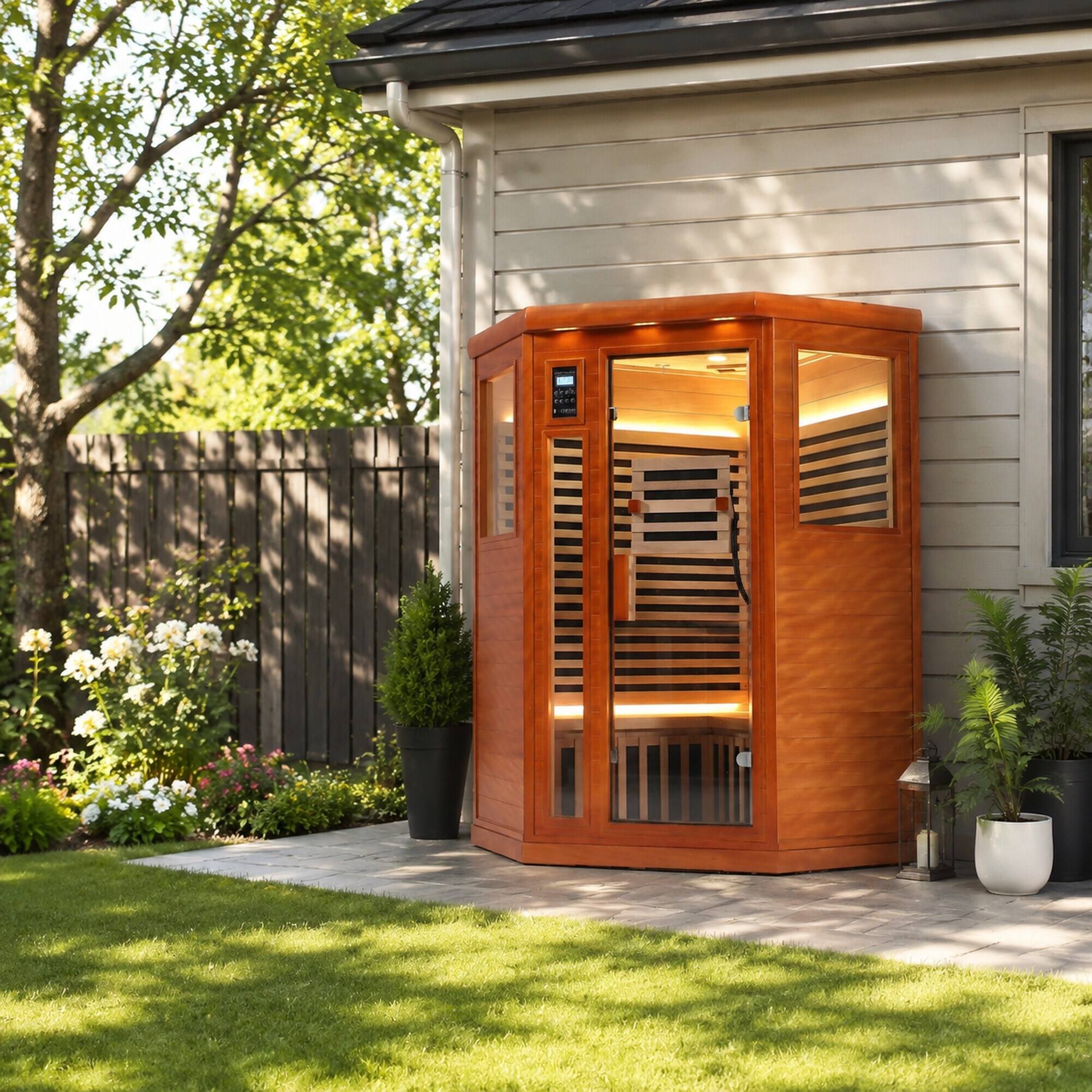 Alt View 2. RYHNUYNE - Two-Person Far Infrared Corner Sauna, Low EMF, Okoume Wood, LCD Touch Control, 2190W - Natural.