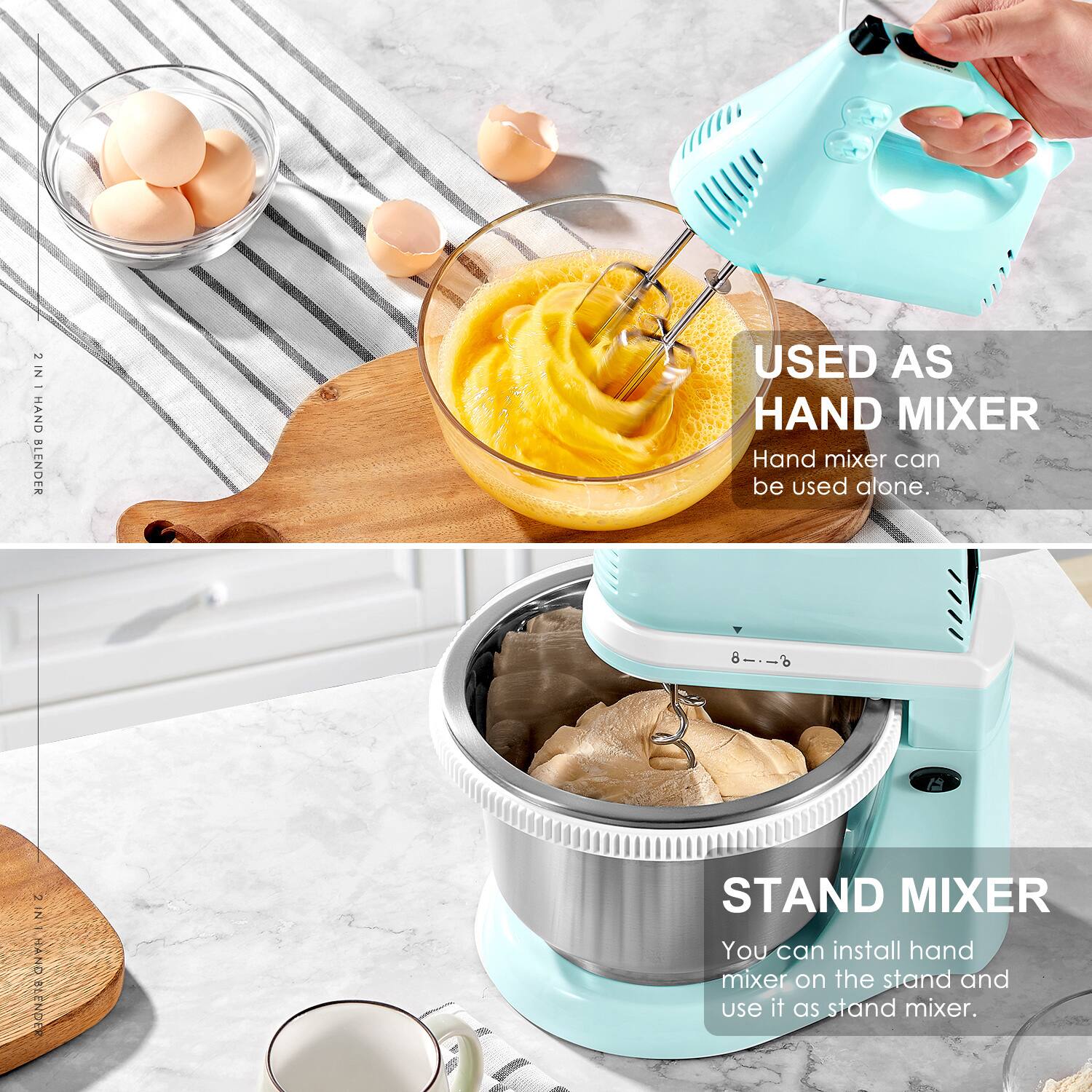 **2 IN 1 HAND BLENDER**

**USED AS HAND MIXER**  
Hand mixer can be used alone.

**STAND MIXER**  
You can install hand mixer on the stand and use it as stand mixer.