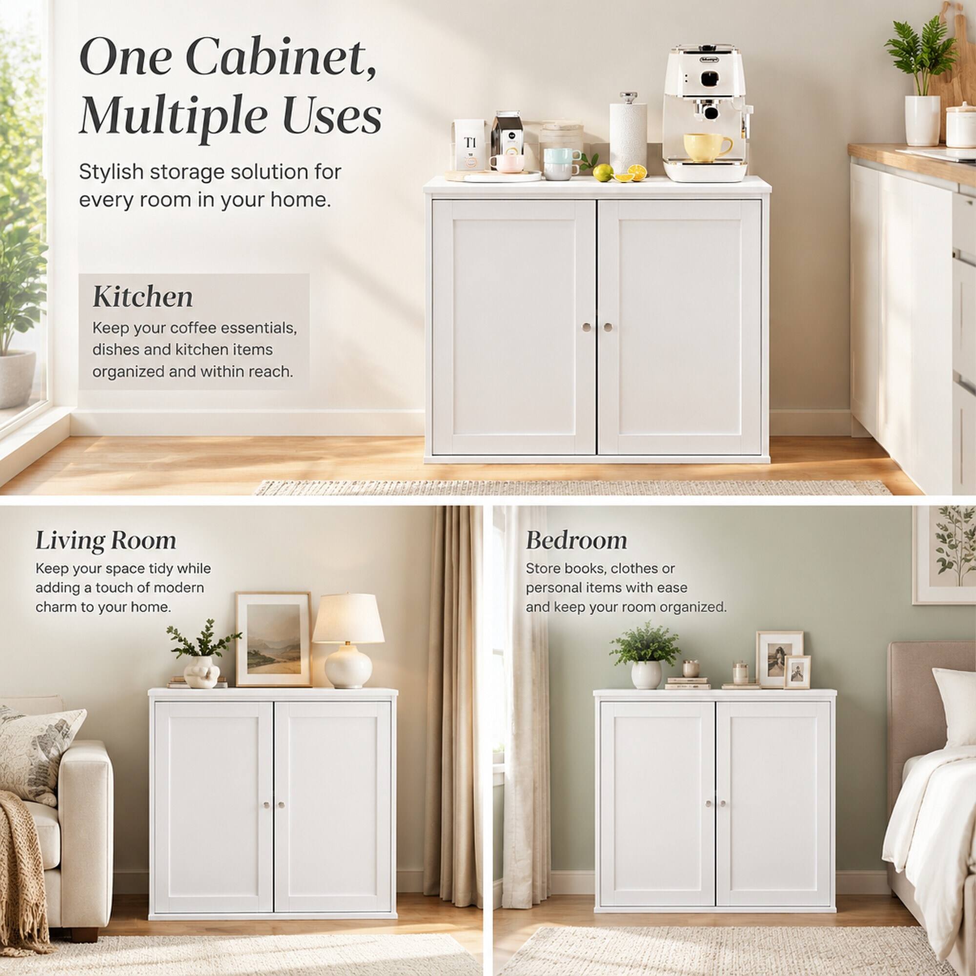 One Cabinet, Multiple Uses  
Stylish storage solution for every room in your home.

Kitchen  
Keep your coffee essentials, dishes and kitchen items organized and within reach.

Living Room  
Keep your space tidy while adding a touch of modern charm to your home.

Bedroom  
Store books, clothes or personal items with ease and keep your room organized.