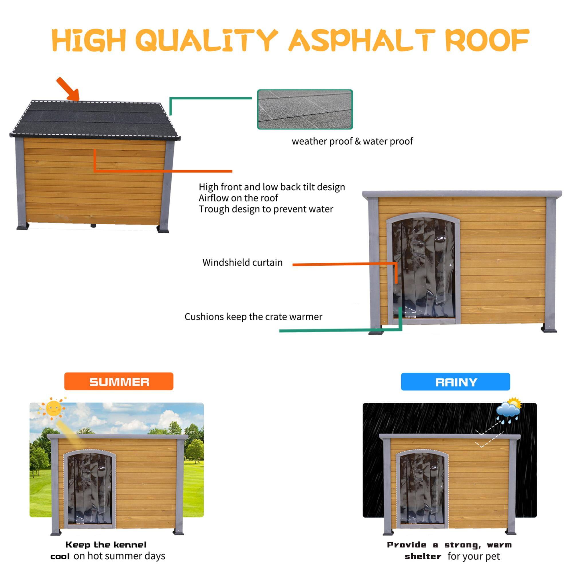 **HIGH QUALITY ASPHALT ROOF**

- **weather proof & water proof**
- **High front and low back tilt design**
- **Airflow on the roof**
- **Trough design to prevent water**
- **Windshield curtain**
- **Cushions keep the crate warmer**

**SUMMER**
- Keep the kennel cool on hot summer days

**RAINY**
- Provide a strong, warm shelter for your pet