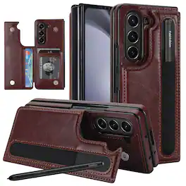 Dteck - Wallet Case for Samsung Galaxy Z Fold7 Premium Leather Pen Holder Magnetic Clasp Kickstand Shockproof Cover - Brown
